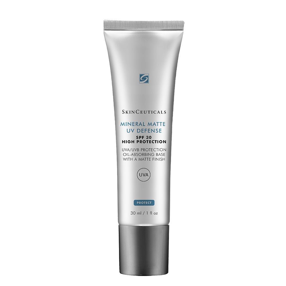Silberne Tube mit Produktaufschrift. Text: Skinceuticals, Mineral Matte UV Defense SPF 30, UVA/UVB Schutz, ölabsorbierende Basis, mattes Finish.