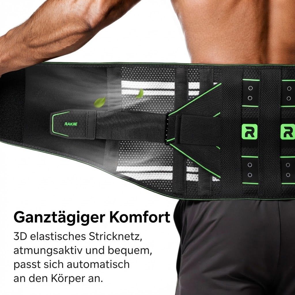 Schwarzer Rückenstützgurt mit atmungsaktivem 3D-Stricknetz für ganztägigen Komfort.