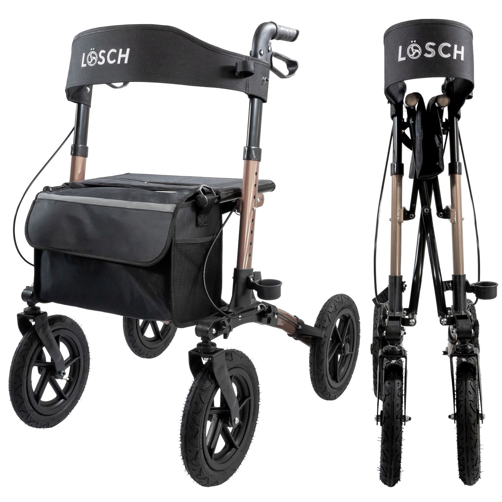 Rollator mit vier Rädern, schwarzem Sitz und Tasche. Marke LÖSCH auf der Rückenlehne. Gefaltet und entfaltet dargestellt.