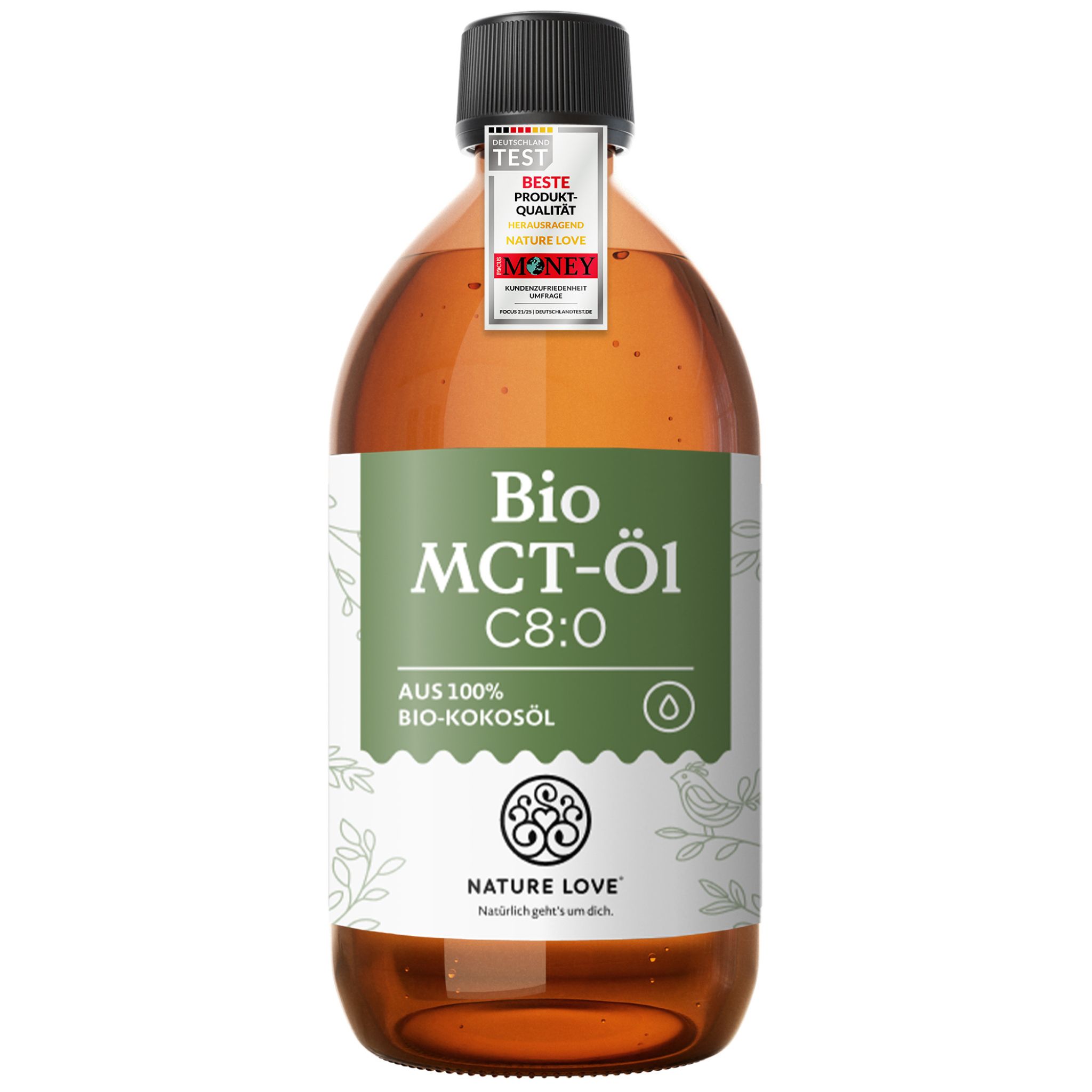 Braune Glasflasche mit Nature Love Bio MCT-Öl C8:0, aus 100% Bio-Kokosöl. Siegel: "Deutschland Test Beste Produkt-Qualität".