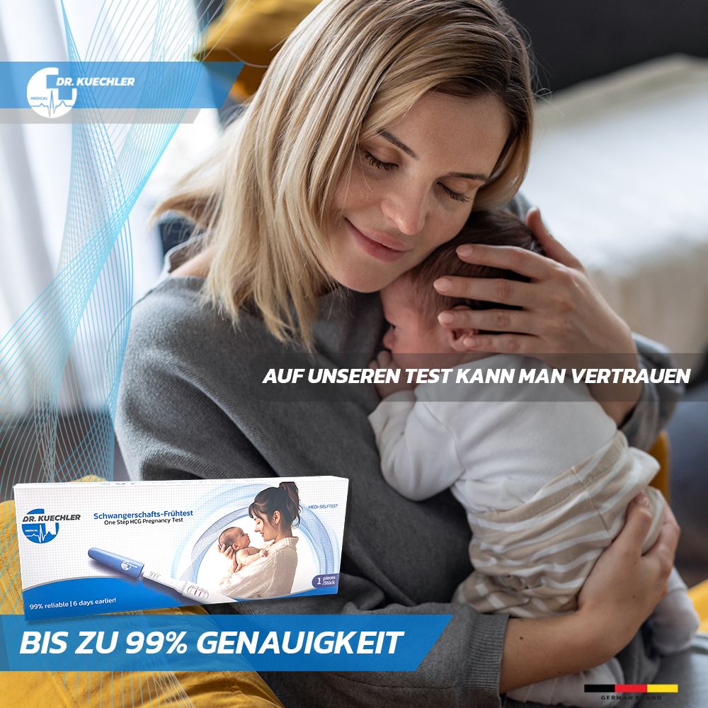 Frau mit Baby, im Vordergrund eine Schwangerschaftstest-Verpackung. "Bis zu 99% Genauigkeit".