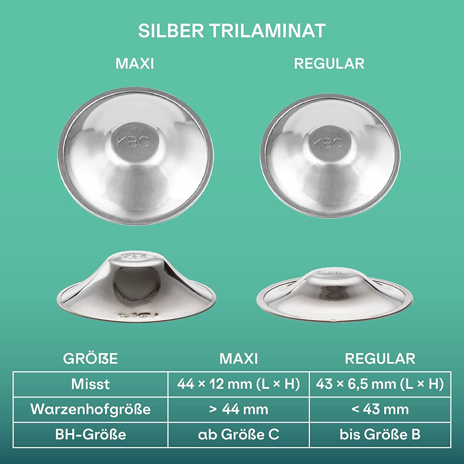 Vergleich von zwei Brustwarzenhütchen: Maxi und Regular. Größenangaben: 44x12mm und 43x6,5mm. Material: Silber Trilaminat. Text: Größe, BH-Größe.