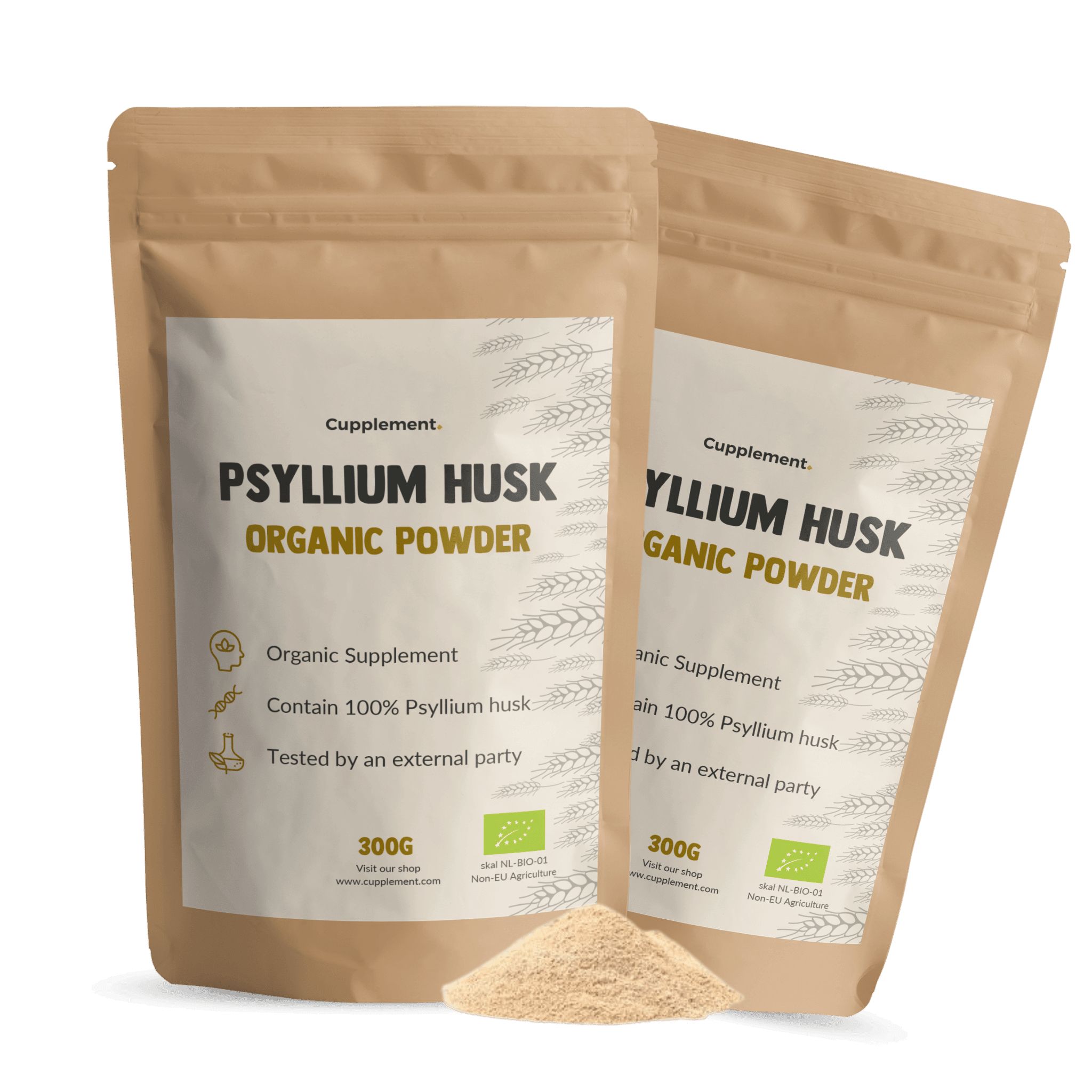 Zwei Beutel Psyllium Husk Pulver. Braune Papierverpackung. Text: Cupplement, Psyllium Husk Organic Powder, 300g.