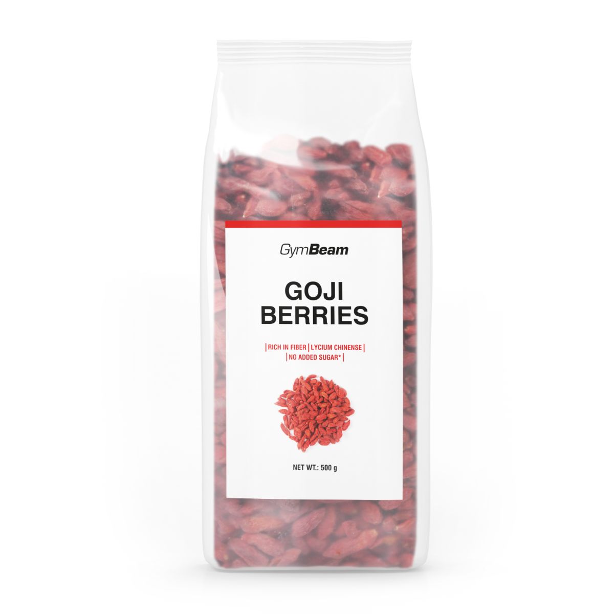 GymBeam Gojibeeren in transparenter Verpackung, 500g. Reich an Ballaststoffen, ohne Zuckerzusatz.