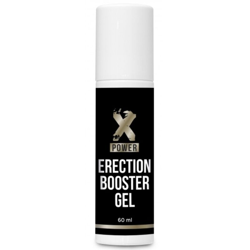 Schwarze Flasche mit weißem Deckel. Aufschrift: Xpower, Erection Booster Gel. Unten: 60 ml.