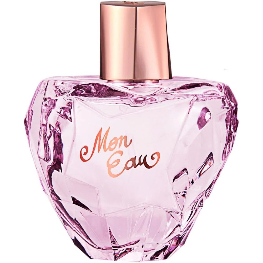 Rosafarbener Flakon mit goldfarbenem Verschluss. Aufschrift: Mon Eau.