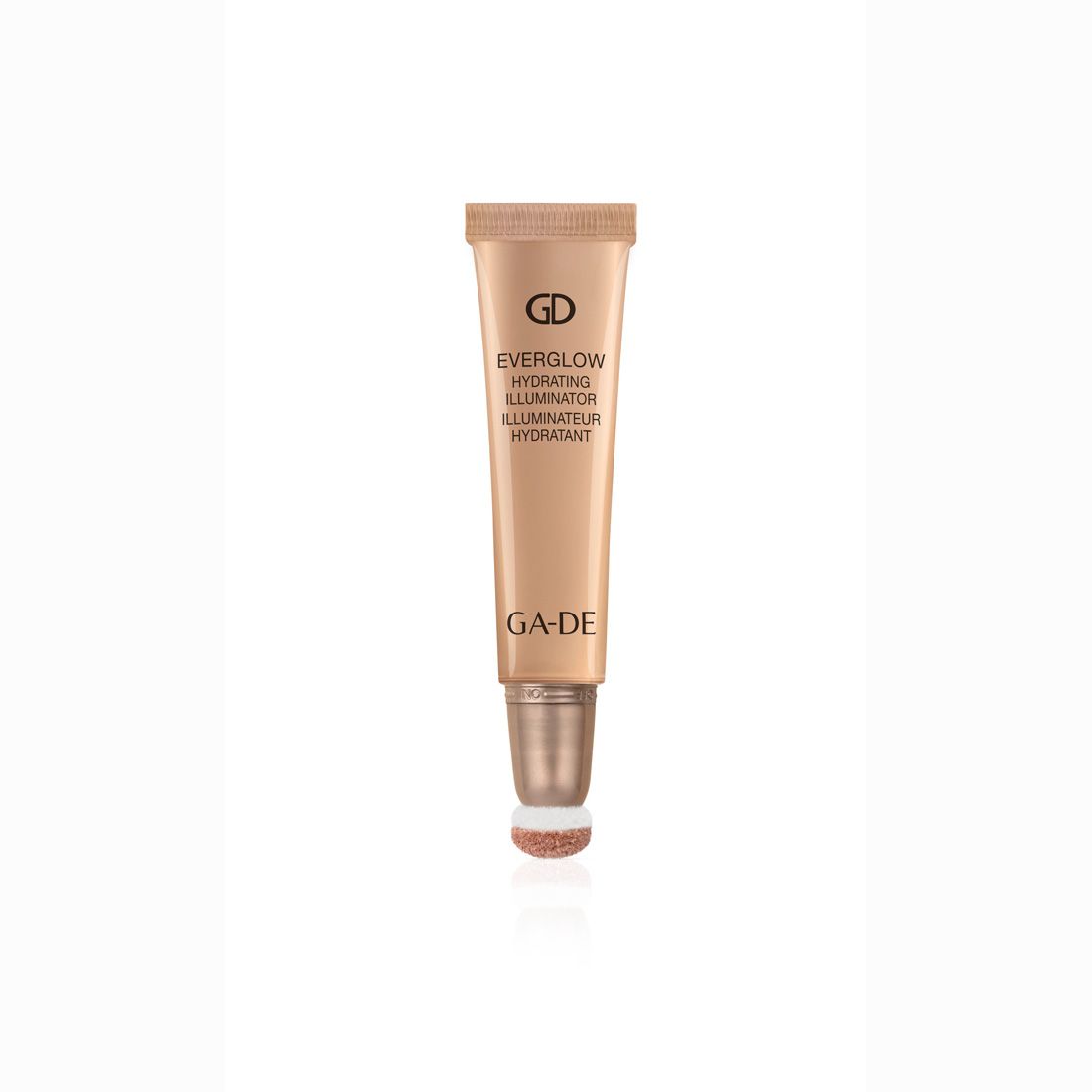 Beige Tube mit Applikator. Aufschrift: GD Everglow Hydrating Illuminator. Marke: GA-DE. Produkt für die Haut.