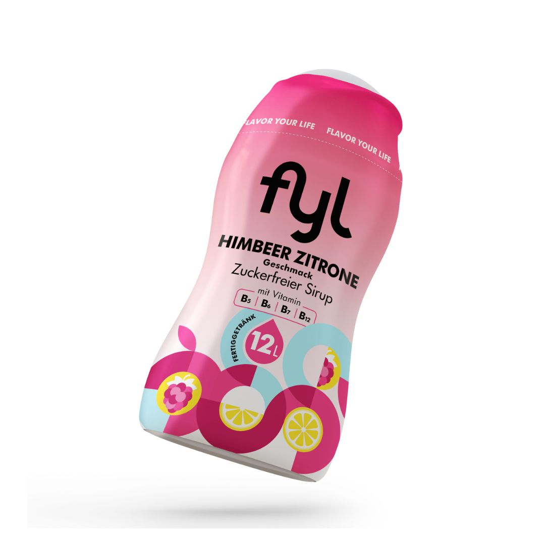 Flasche Himbeer-Zitronen Sirup. Rosa-weißes Design mit Produktnamen und Vitaminangaben. 12L. Zuckerfrei.