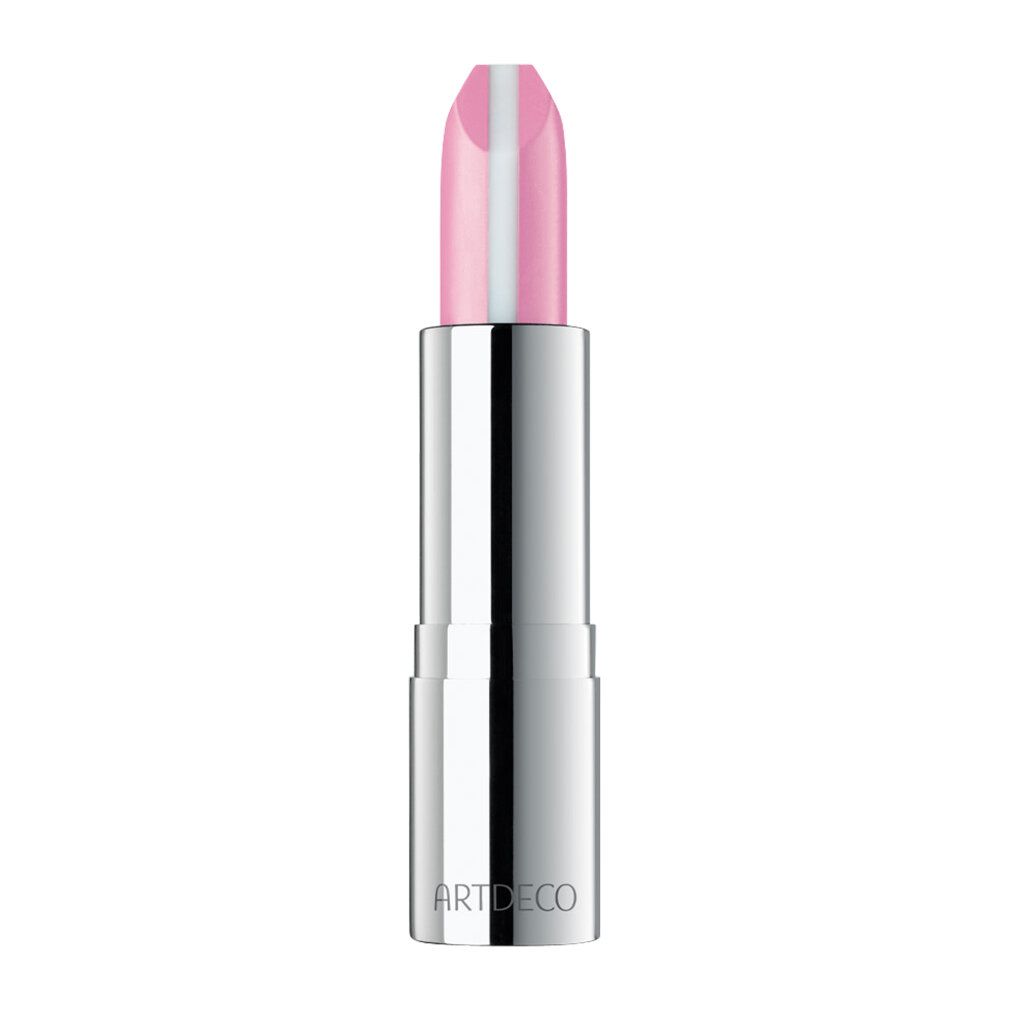 Ein Lippenstift mit rosa Lippenstift und einer weißen Mittellinie. Der Lippenstift hat eine silberne Hülse. Text: ARTDECO.