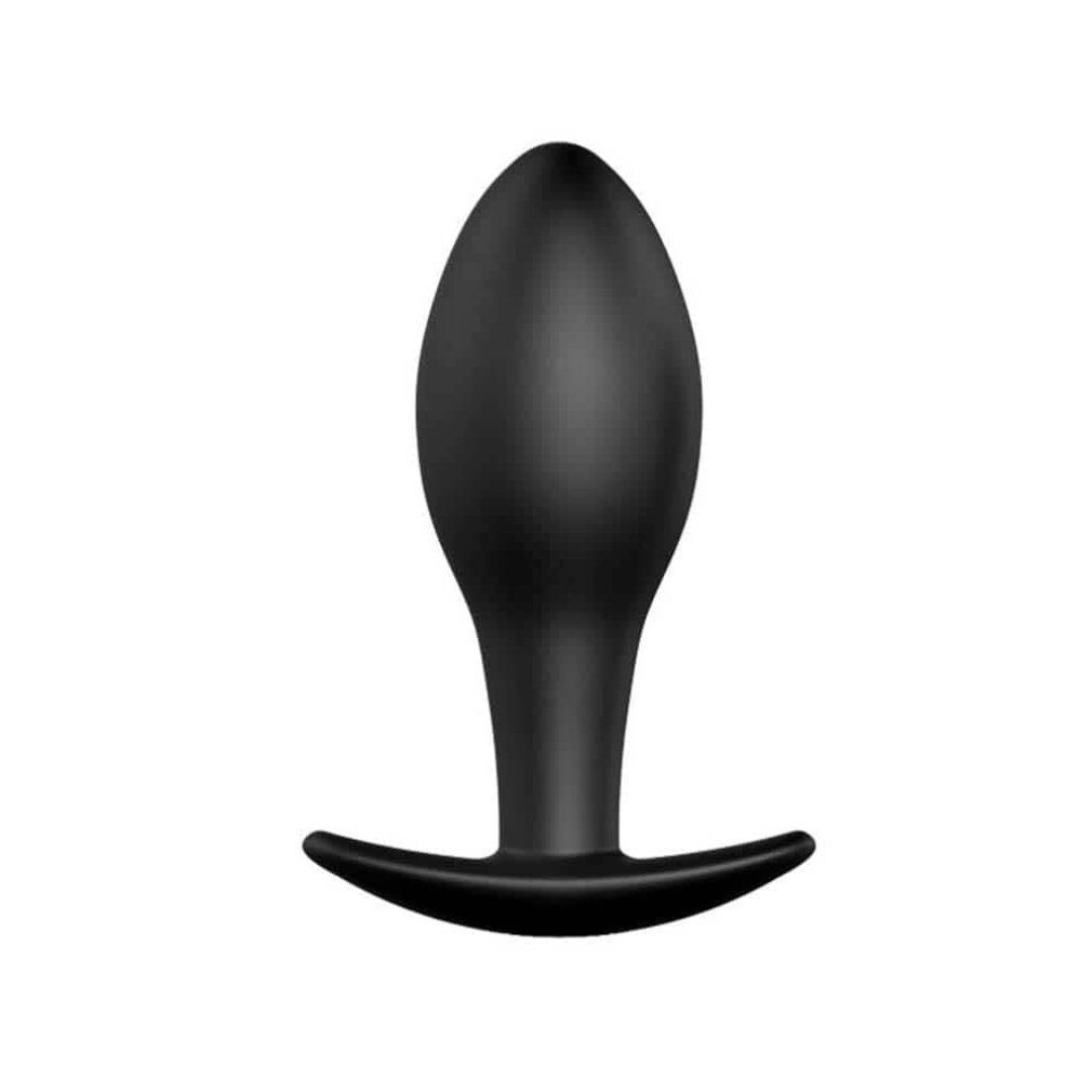 Schwarzer Anus-Plug mit tropfenförmigem Kopf und T-förmigem Griff. Aus glattem Material.