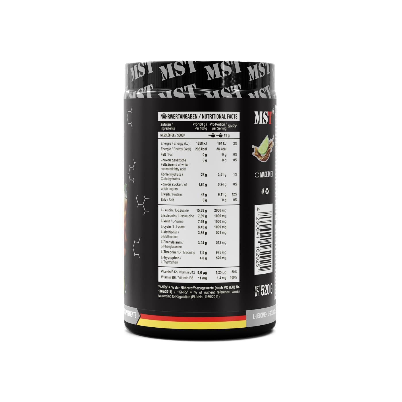 Rückseite eines schwarzen Behälters mit Nährwertangaben für MST BCAA & EAA, 520g.