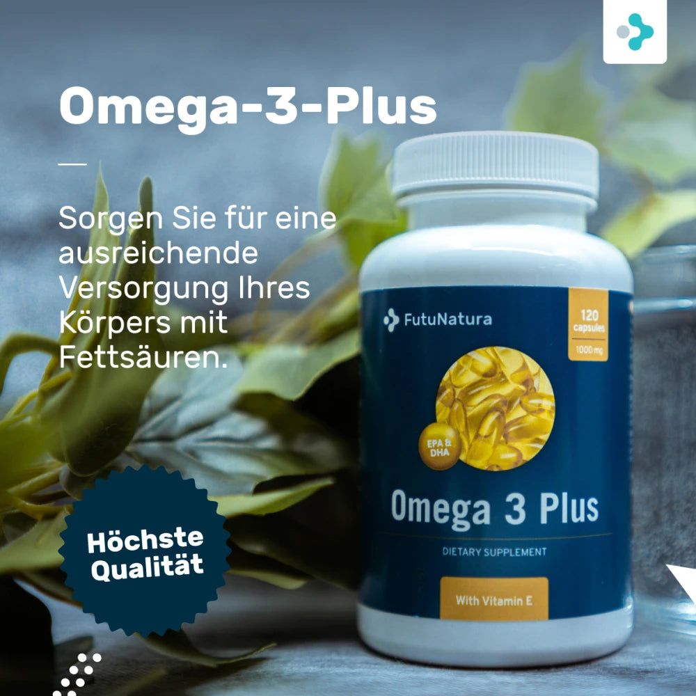 Flasche Omega-3-Plus mit 120 Kapseln. Text: FutuNatura, Omega 3 Plus, Dietary Supplement, With Vitamin E. Hintergrund mit Blättern.