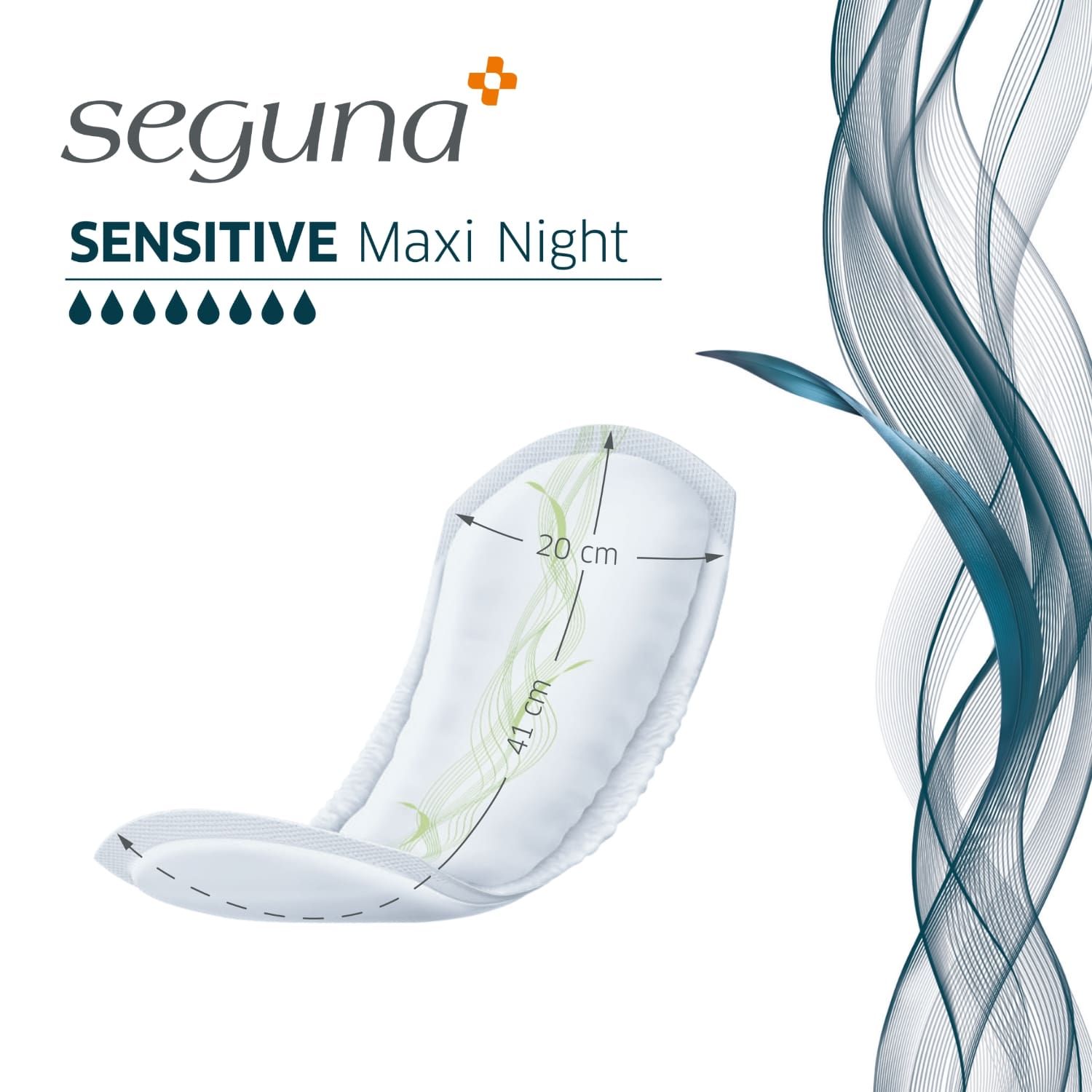 SEGUNA Sensitive Maxi Night. Weiße Vorlage mit grünen Linien. Maße: 20 cm x 41 cm. Blaue Grafik im Hintergrund.