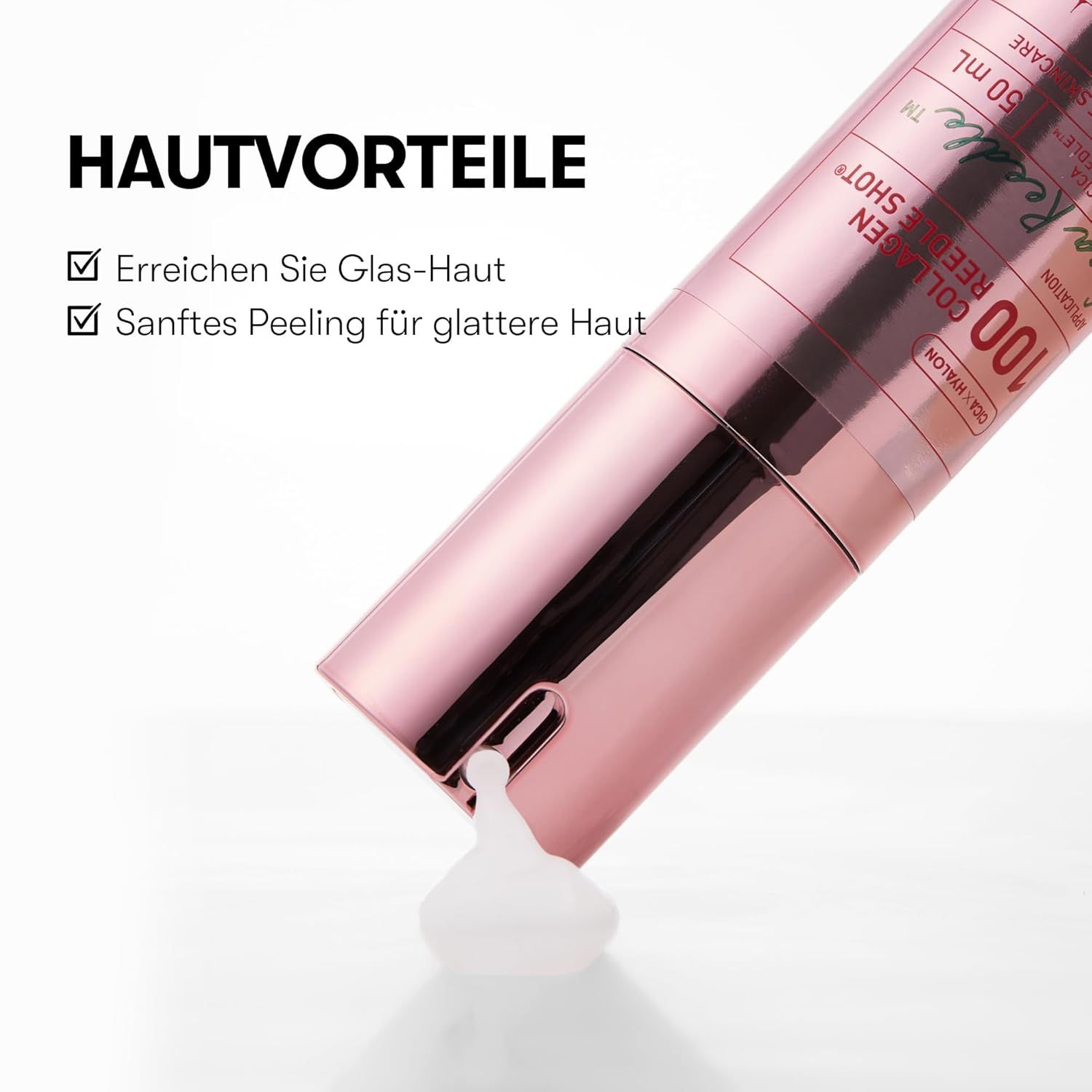 Rosafarbene Flasche, Produkt wird herausgedrückt. Text: Collagen REEDLE SHOT 100, 50 ml. Vorteile: Glas-Haut, sanftes Peeling.