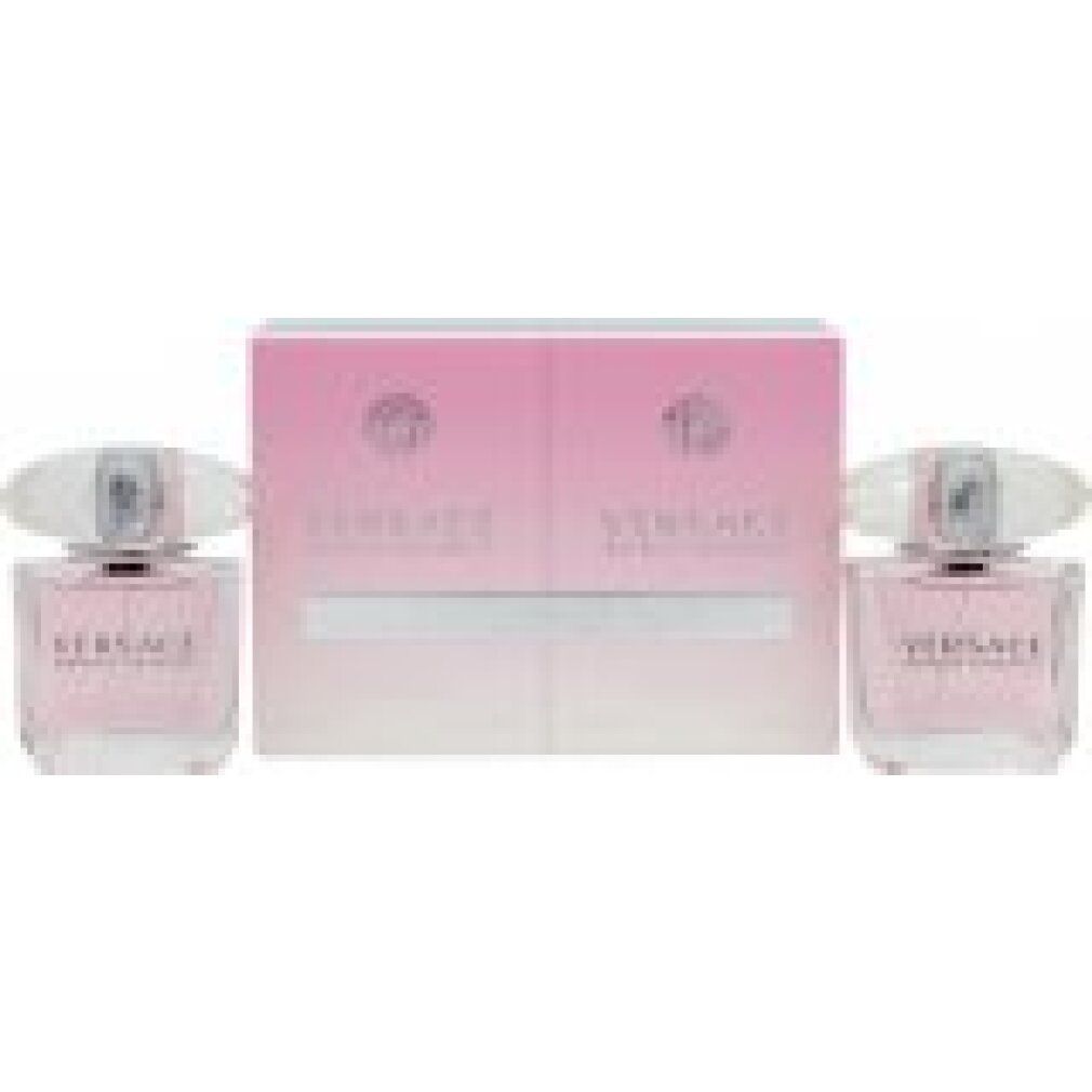 Geschenkset mit zwei Parfümflakons und einer Verpackung. Flakons mit rosa Flüssigkeit, transparenten Deckeln und dem Schriftzug VERSACE.