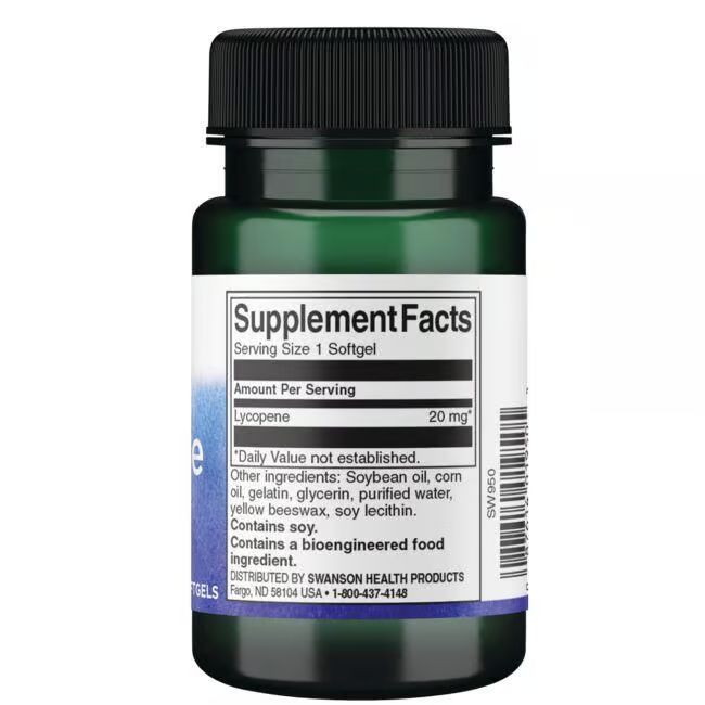 Rückansicht der grünen Flasche. Etikett mit Nährwertangaben: Lycopin 20 mg. Enthält Soja.