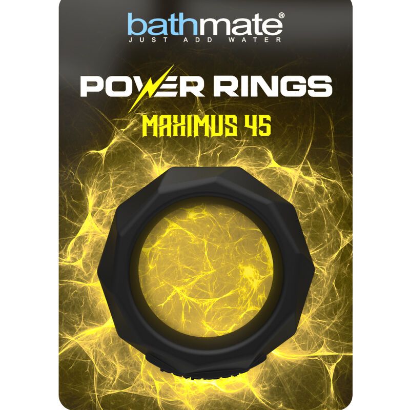 Verpackung mit schwarzem Ring. Aufschrift: Bathmate, Power Rings, Maximus 45. Gelber Hintergrund.