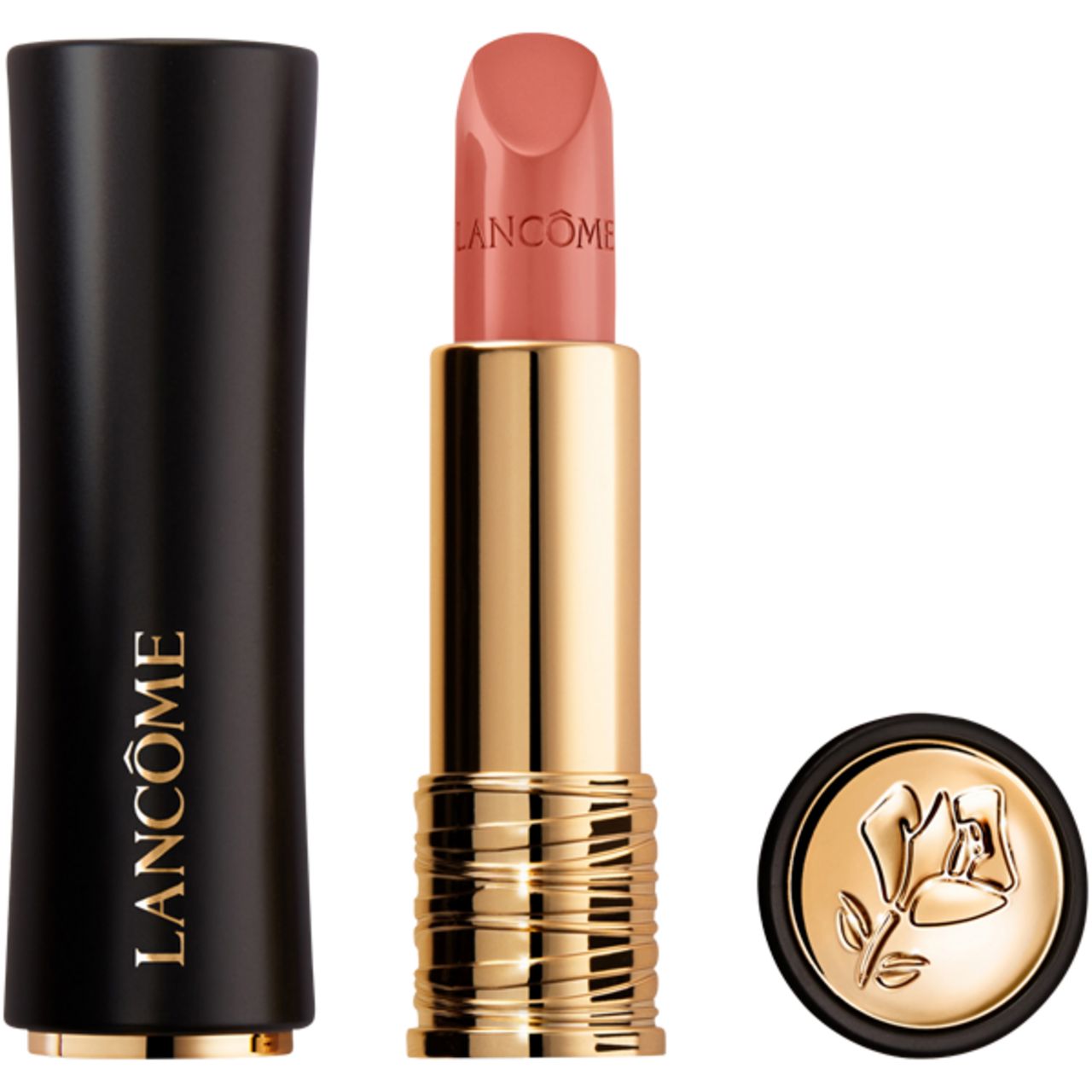 Offener Lippenstift mit goldener Hülse. Schwarze Kappe und goldfarbene Basis.