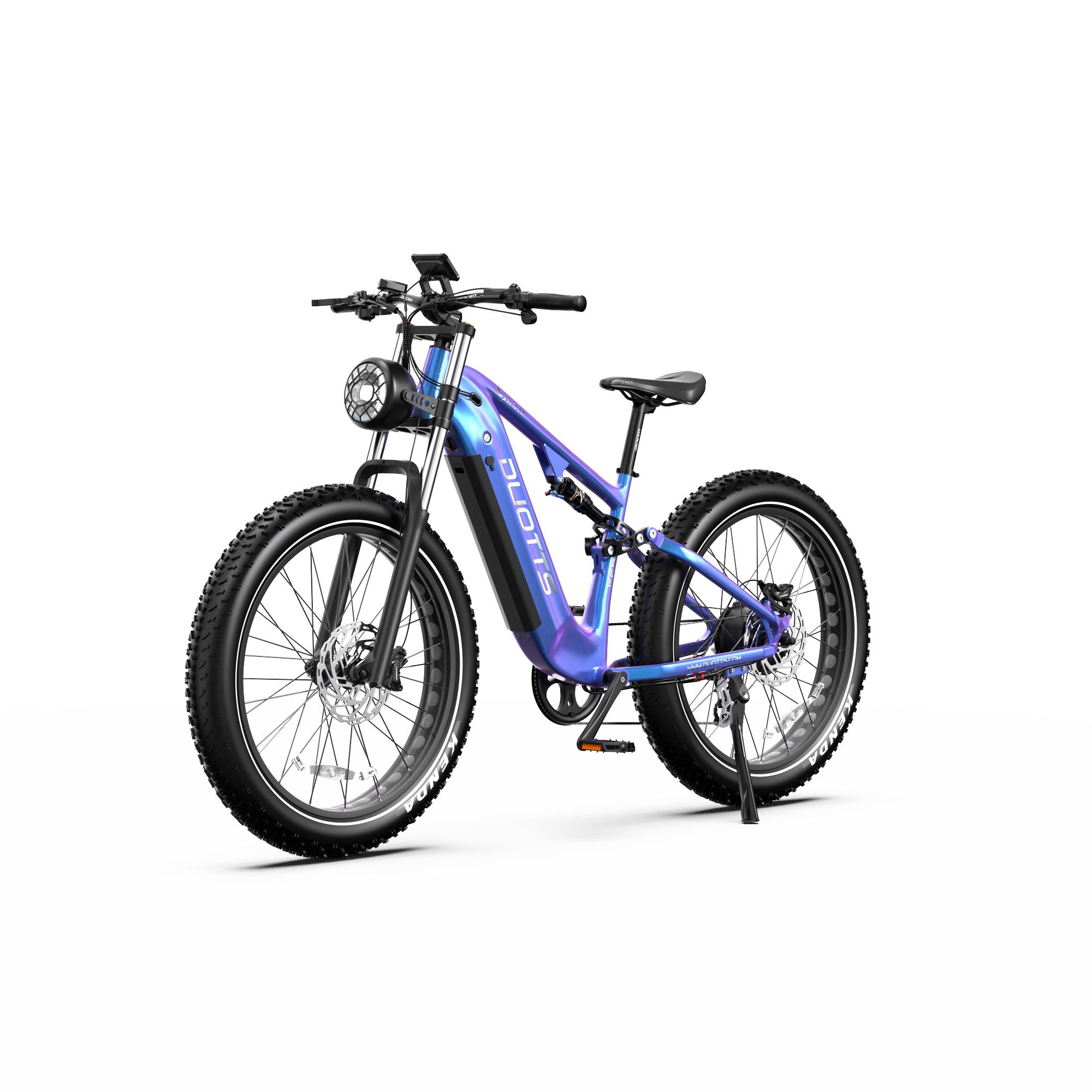 Elektro-Mountainbike mit Farbverlauf. Schwarze Reifen, Sattel und Lenker. DUOTTS-Logo am Rahmen. Scheinwerfer.