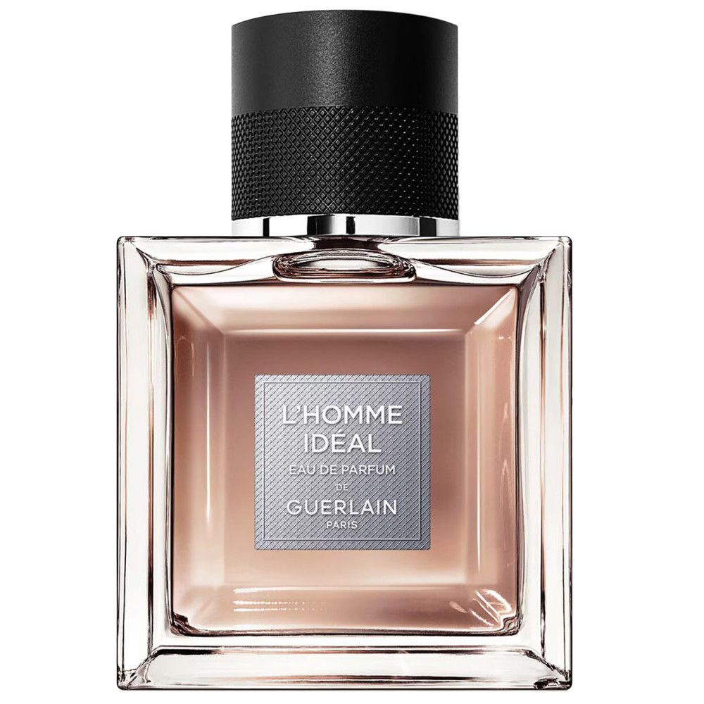 Guerlain L'Homme Ideal Eau de Parfum Flakon. Quadratischer Flakon, schwarzer Deckel, hellbraune Flüssigkeit. Logo auf dem Etikett.
