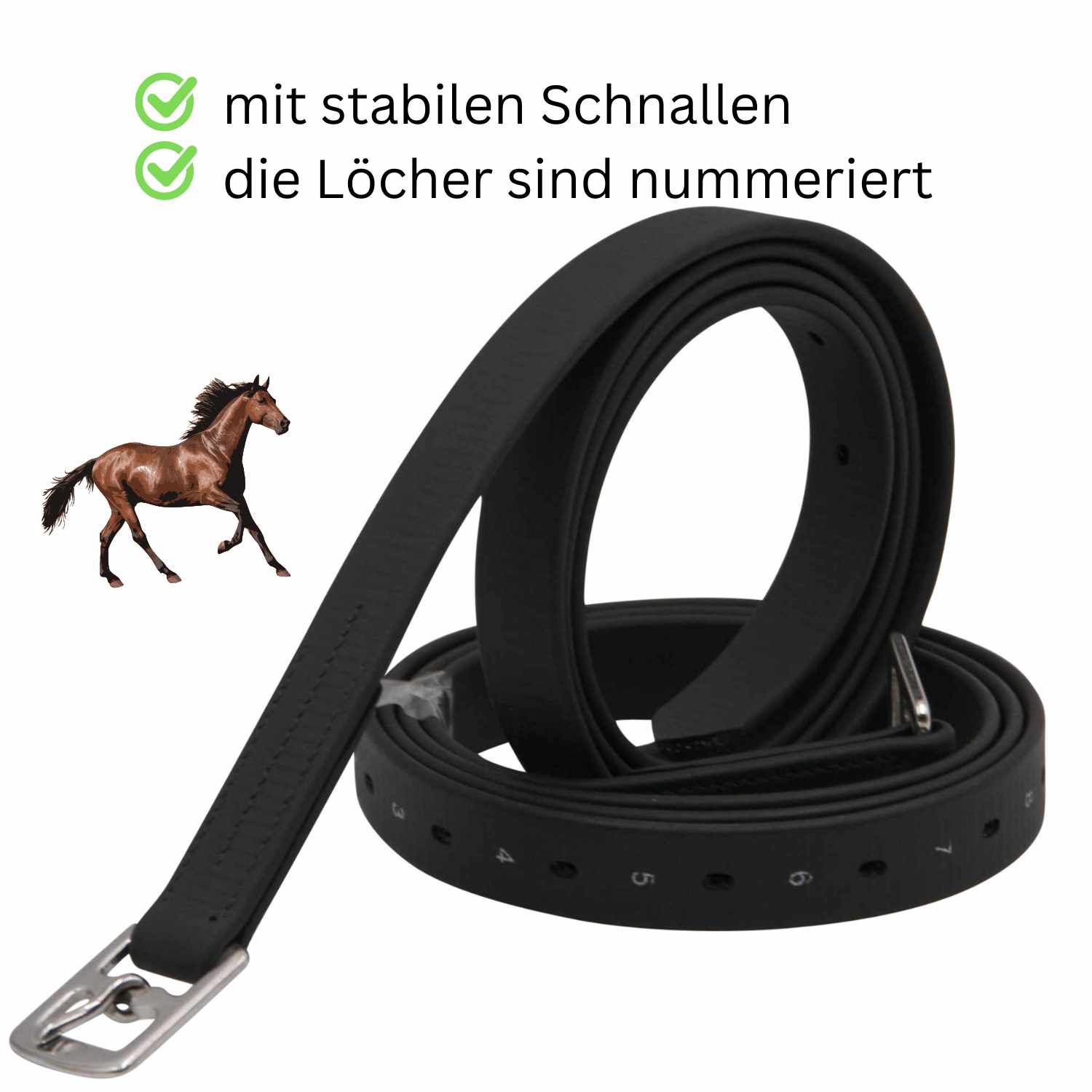 Schwarzer Steigbügelriemen mit nummerierten Löchern und Metallschnalle. Text: "mit stabilen Schnallen", "die Löcher sind nummeriert".