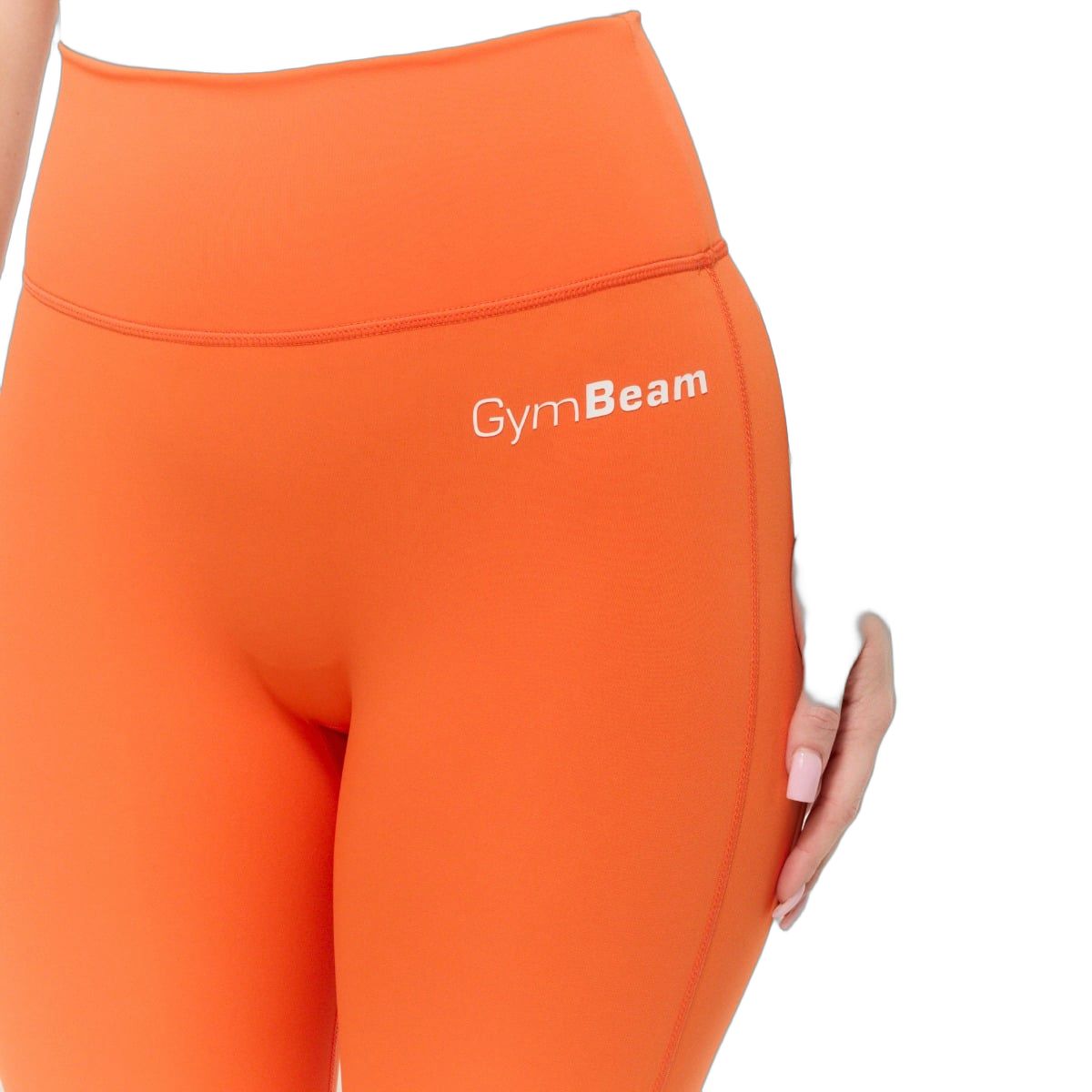 Detailansicht: Orange Damen-Leggings mit hohem Bund und dezentem Logo.
