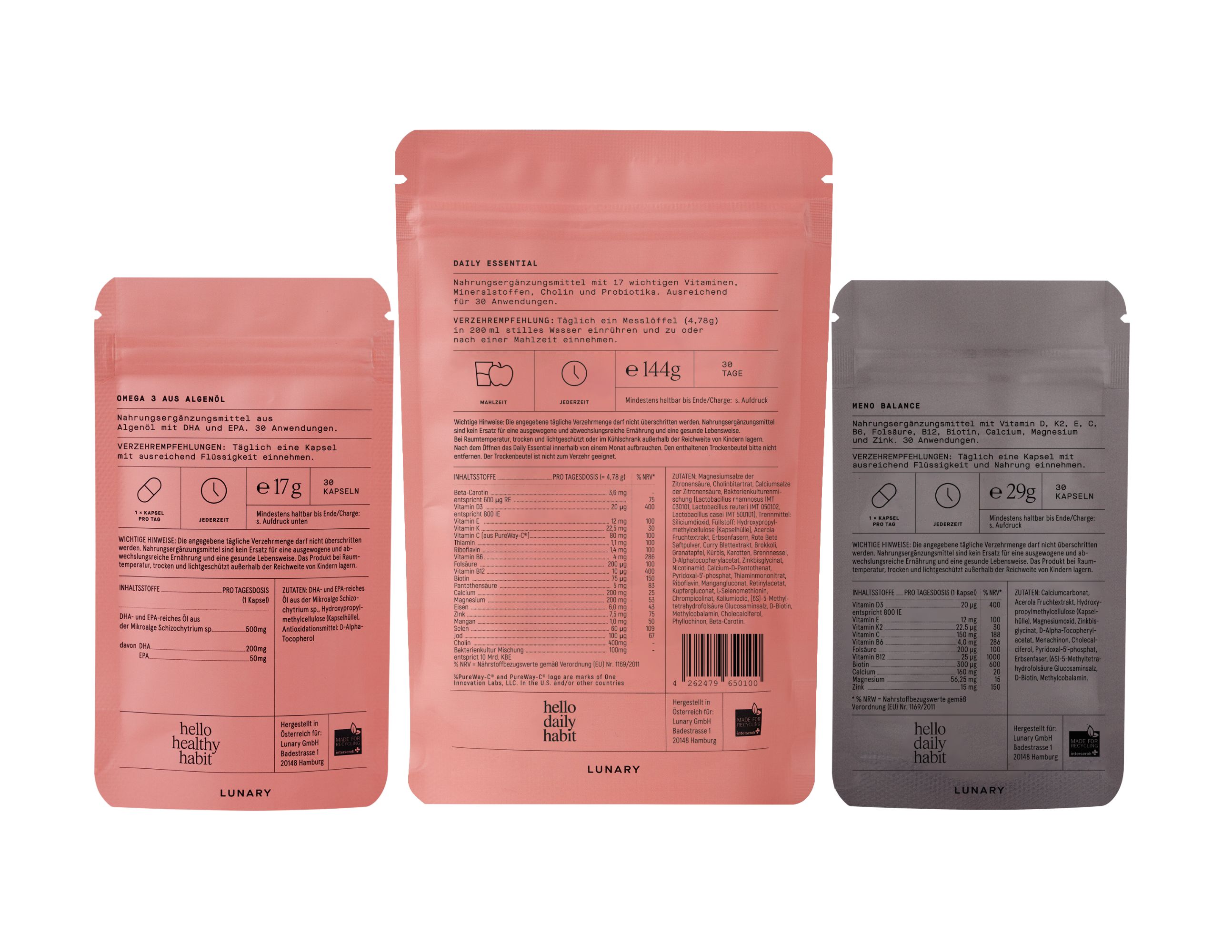 Rückseite von drei Beuteln. Rosa, hellrosa und grau. Text: Inhaltsstoffe, Nährwertangaben.