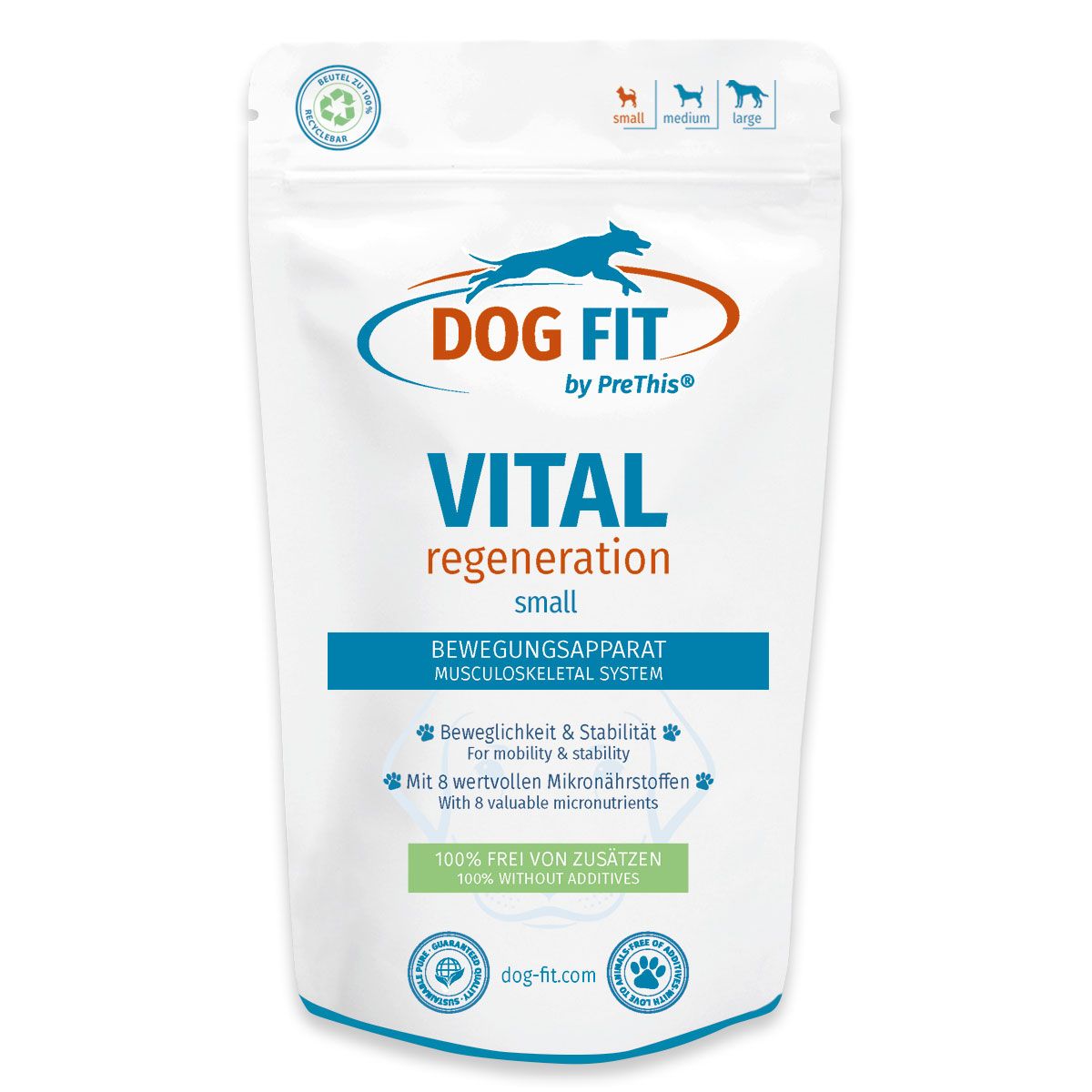Beutel DOG FIT VITAL regeneration small. Text: Bewegungsapparat, 100% frei von Zusätzen. Logo: Hund.