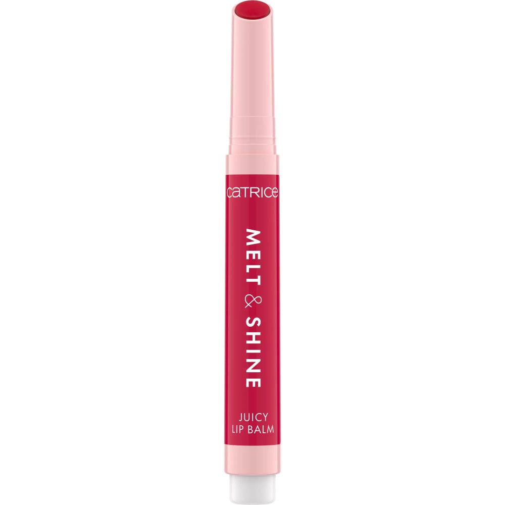 Lippenbalsam in Stiftform. Rosa Deckel und Körper mit Schriftzug: MELT & SHINE, JUICY LIP BALM. Marke Catrice.