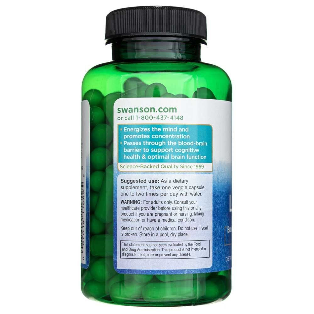 Rückseite einer Flasche Swanson Acetyl L-Carnitin mit Produktinformationen und Website.