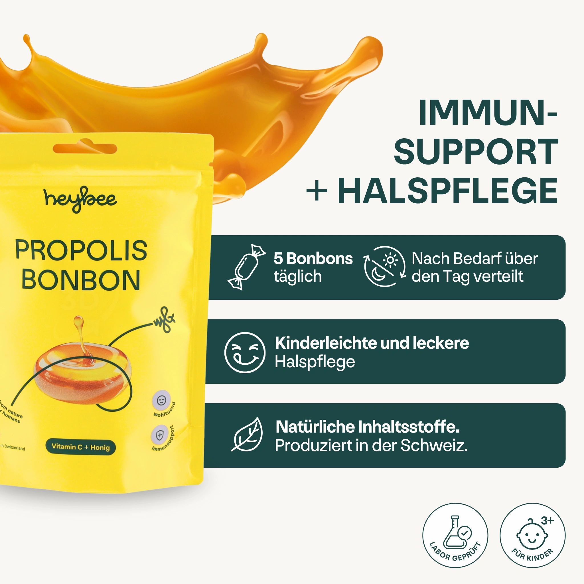 Gelbe Verpackung Heybee Propolis Bonbon. Text: Propolis Bonbon, Vitamin C + Honig. 5 Bonbons täglich. Natürliche Inhaltsstoffe.