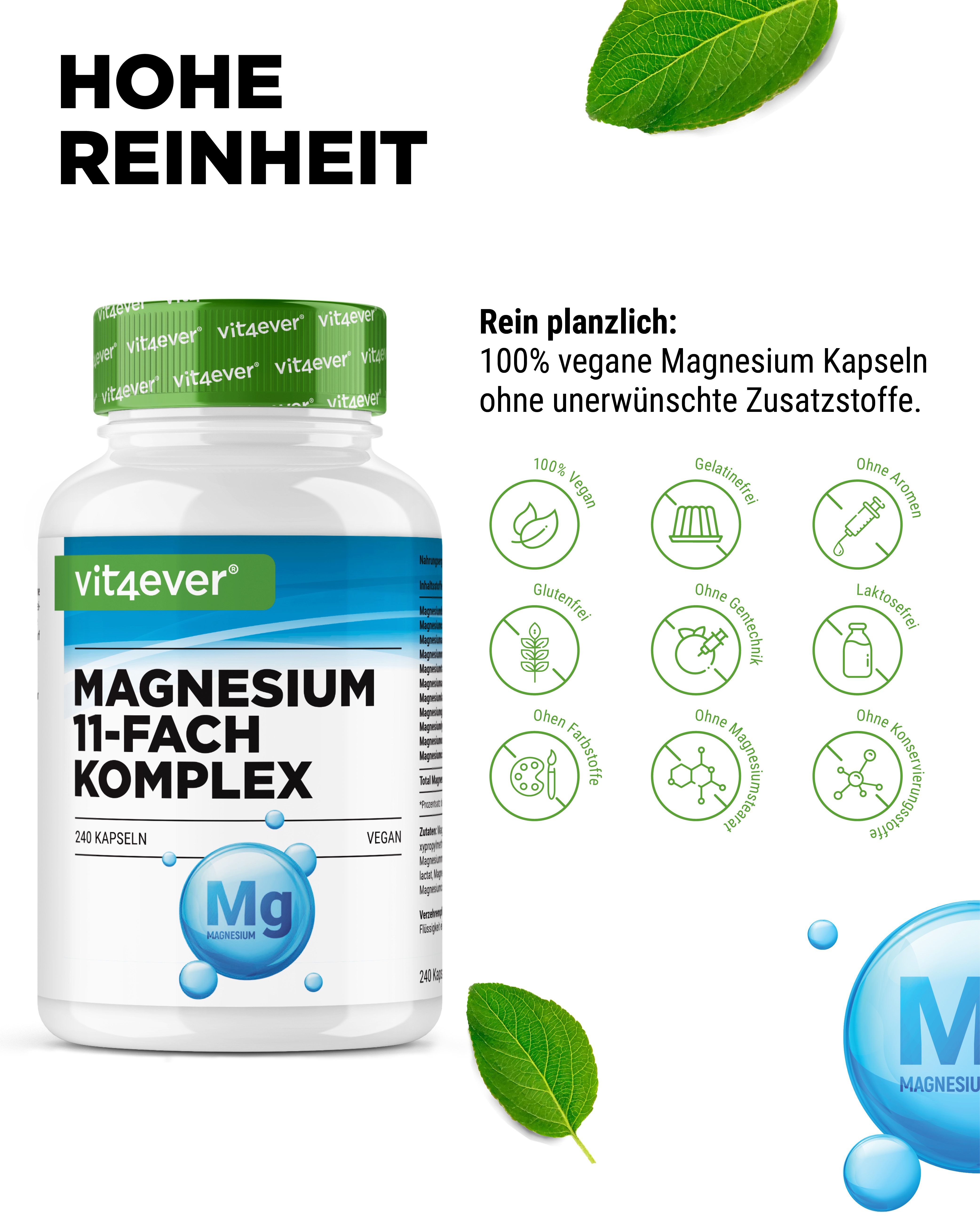 Flasche mit grünem Deckel. Aufschrift: vit4ever, Magnesium 11-Fach Komplex, 240 Kapseln, vegan. Icons: vegan, glutenfrei, ohne Aroma.
