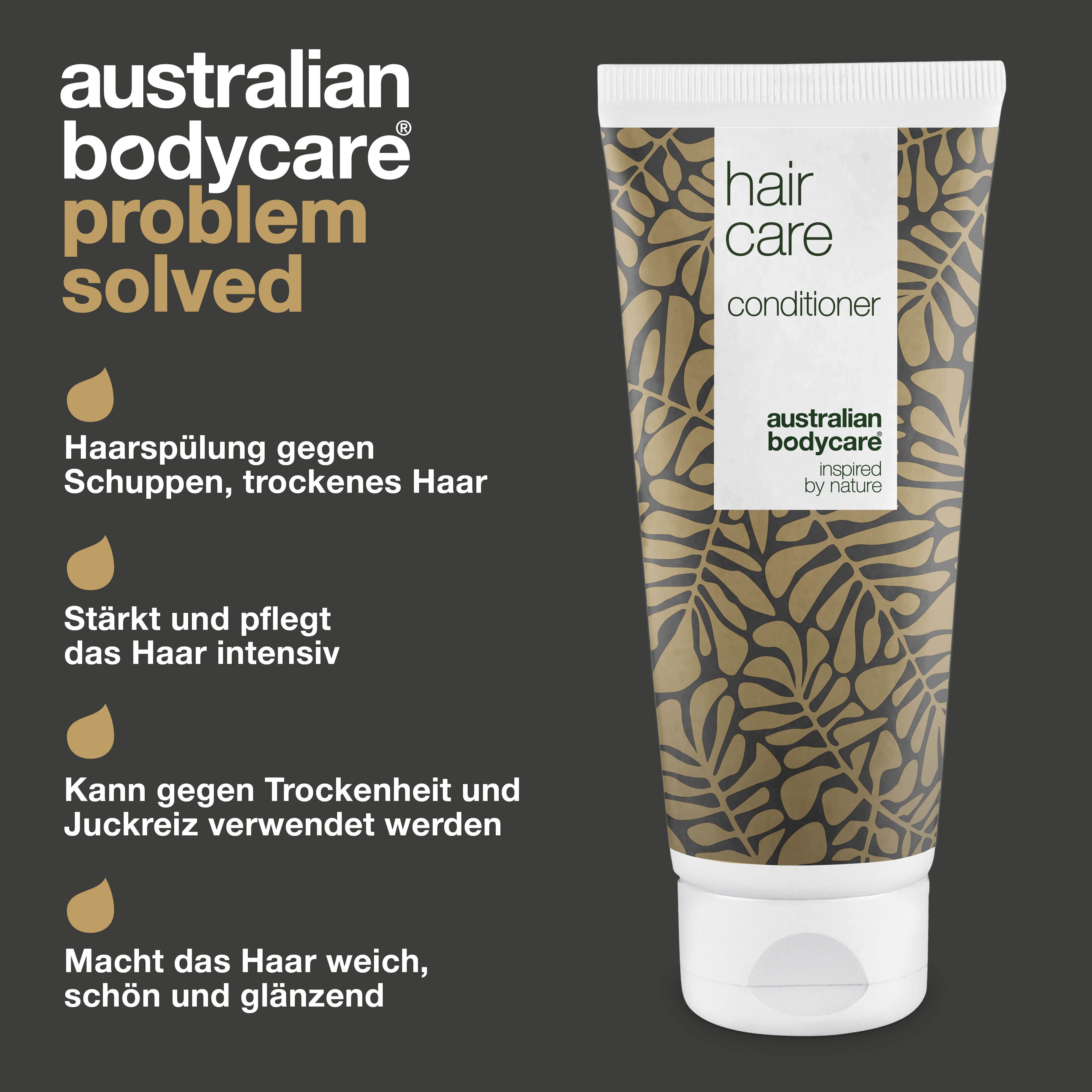 Tube mit Aufschrift: hair care conditioner. Text: Haarpflege gegen Schuppen, trockenes Haar. Tropfen.