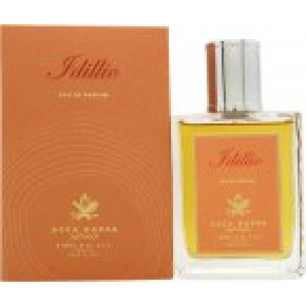 Parfümflasche und Verpackung. Flasche quadratisch, Glas. Verpackung orange mit Schriftzug Idillio und Acca Kappa.