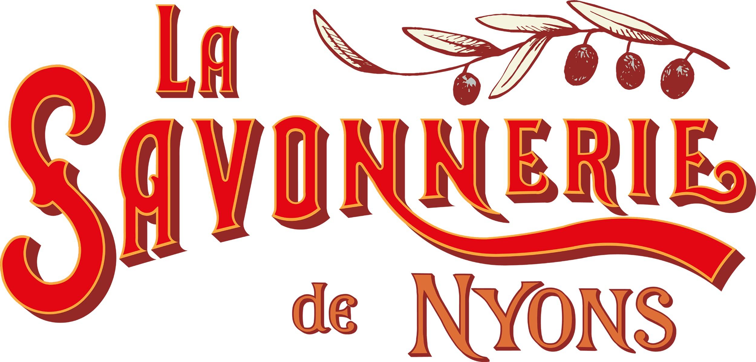 Logo "La Savonnerie de Nyons" in rot und gold. Mit Olivenzweig-Illustration.