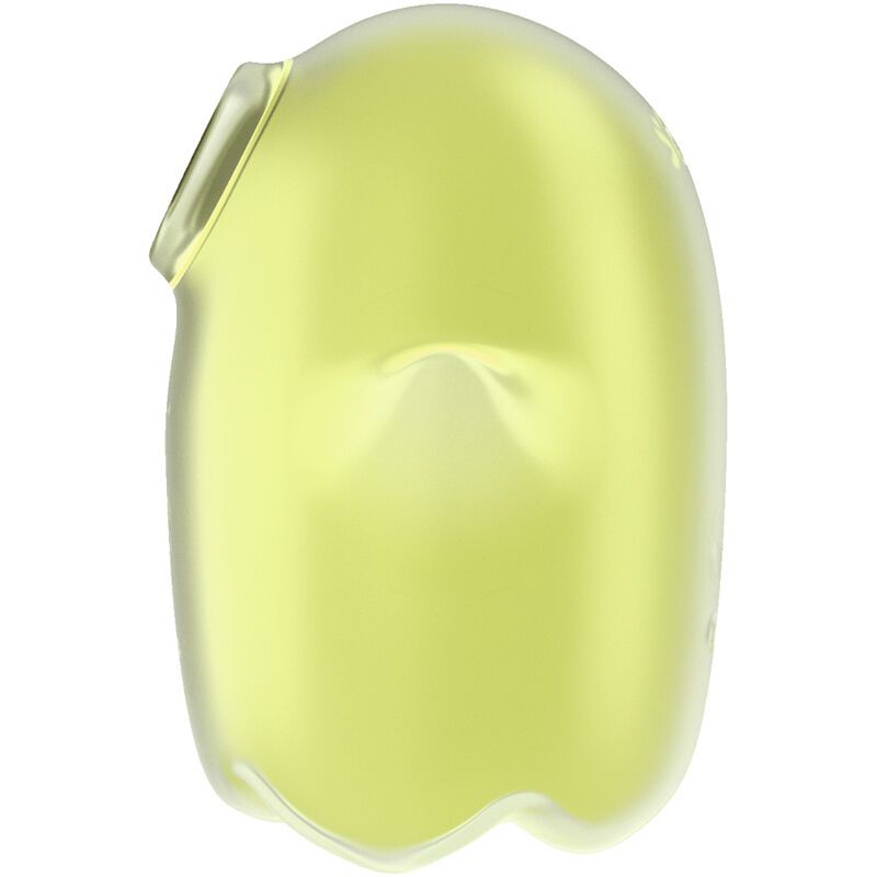 Gelb-transparenter, geisterförmiger Vibrator. Seitliche Ansicht, zeigt die Form und die obere Öffnung.