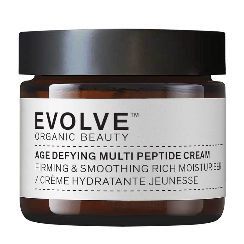 Braune Glascreme mit schwarzem Deckel. Auf dem Etikett steht: EVOLVE ORGANIC BEAUTY, AGE DEFYING MULTI PEPTIDE CREAM, Crème hydratante jeunesse.