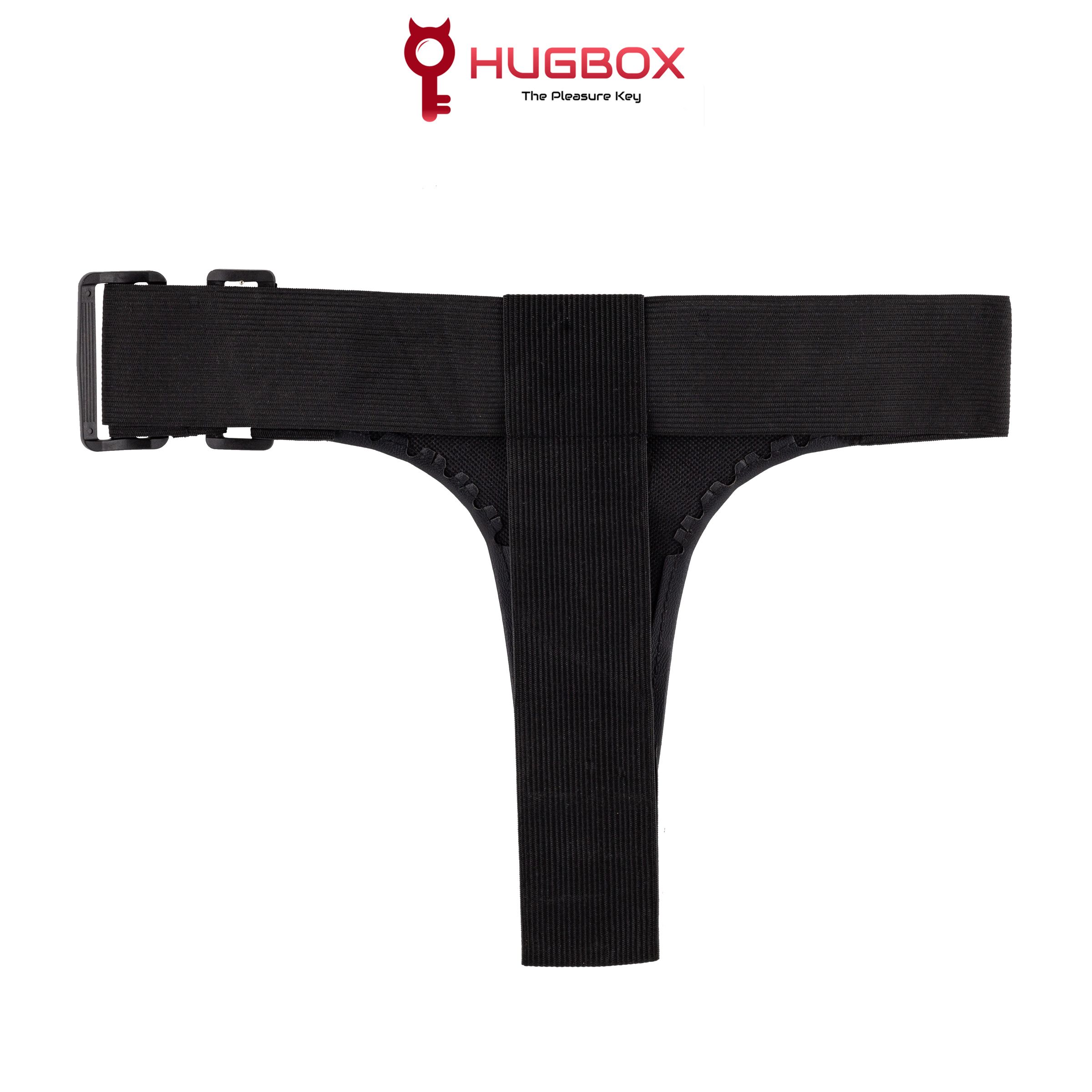 Schwarzes Intim-Accessoire mit T-Form. Elastisches Band mit verstellbarem Verschluss. HUGBOX-Logo oben.