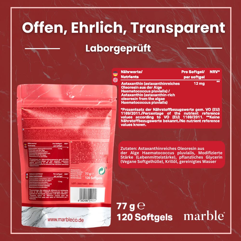 Rückseite der Verpackung. Text: 77 g, 120 Softgels, marble. Nährwertangaben: 12 mg Astaxanthin pro Softgel.