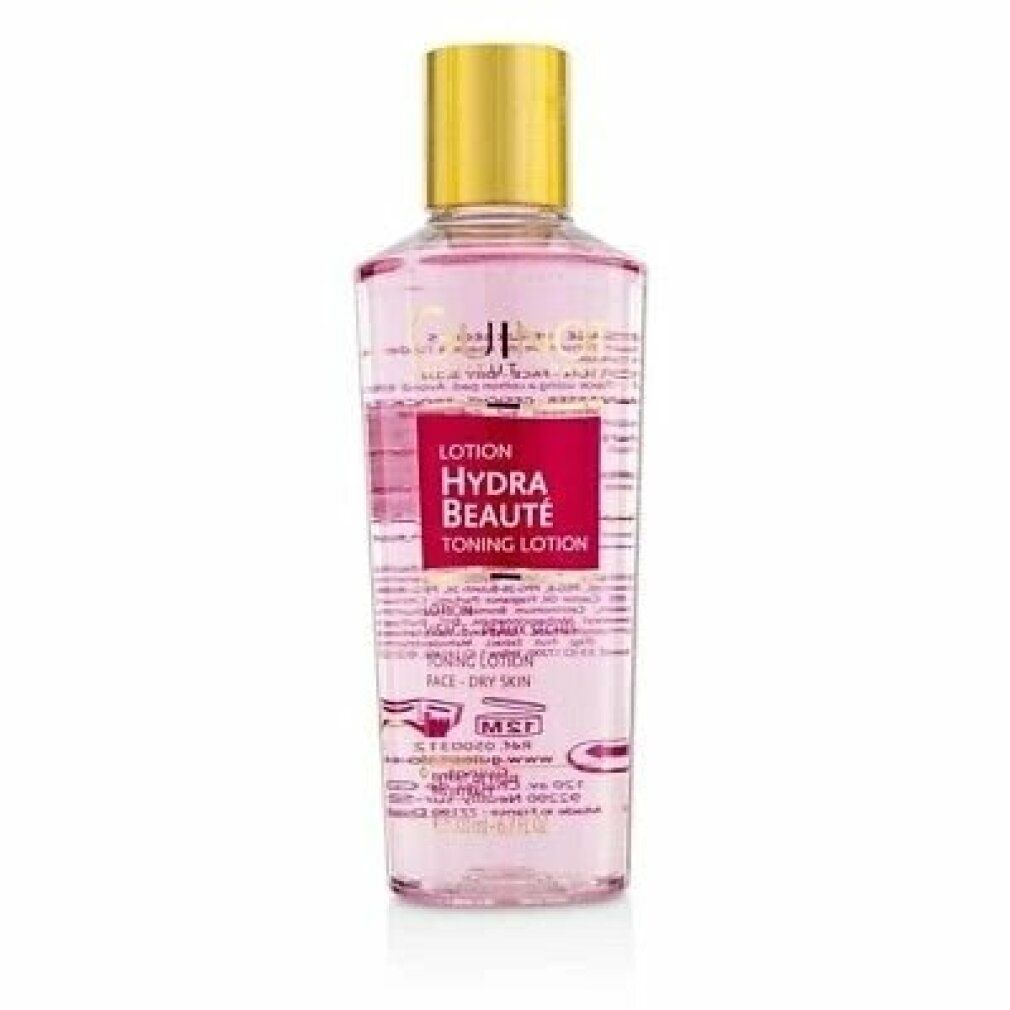 Guinot Hydra Beaute Lotion. Transparente Flasche mit rosafarbener Flüssigkeit. Goldfarbener Deckel. Roter Aufkleber mit Text.