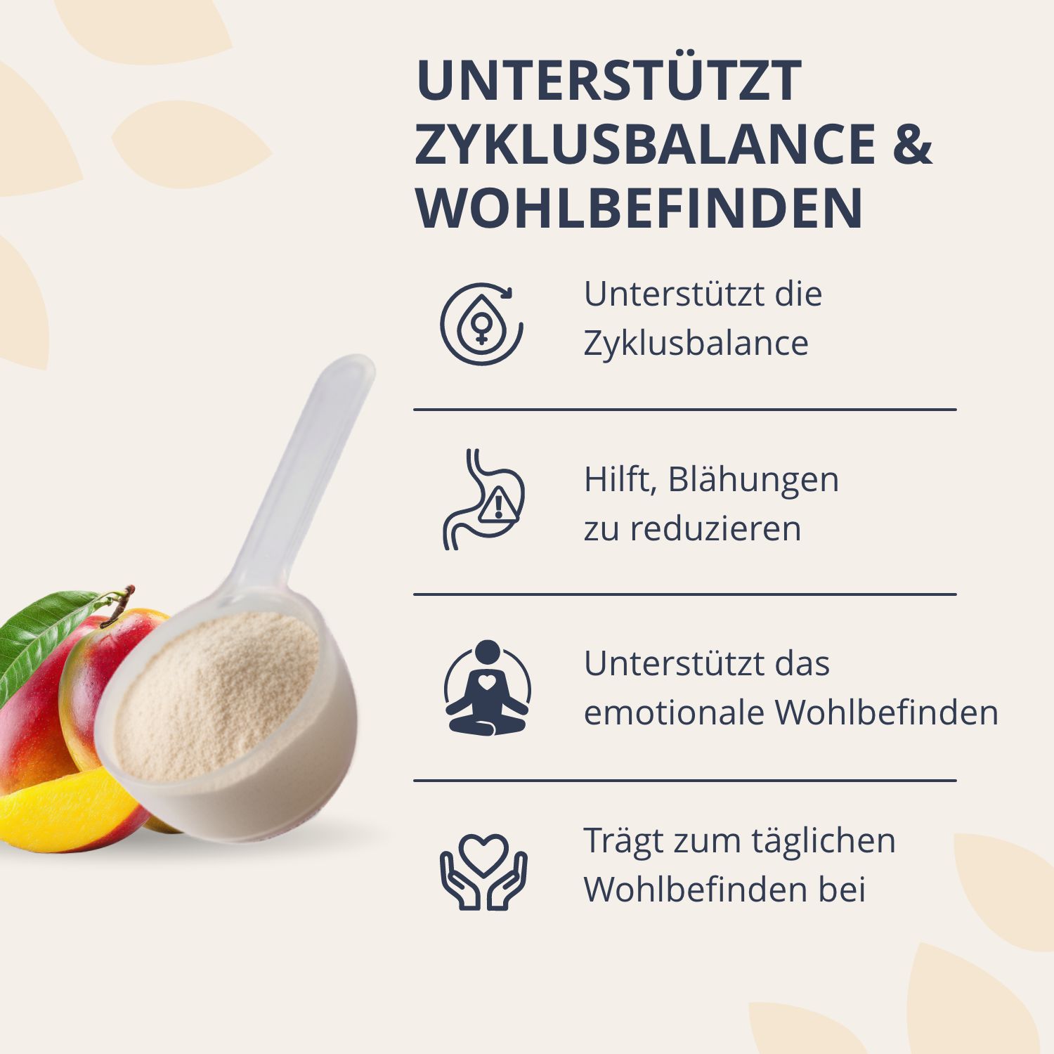 Löffel mit Pulver neben Mangos. Infografik zeigt Unterstützung der Zyklusbalance, Reduzierung von Blähungen und Wohlbefinden.