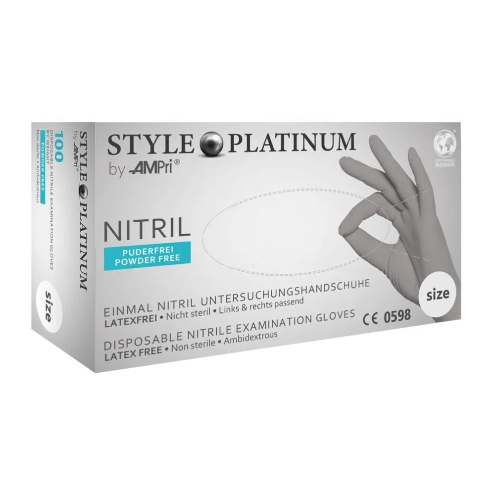 Verpackung von STYLE PLATINUM Nitril-Untersuchungshandschuhen, puderfrei, nicht steril, beidhändig.