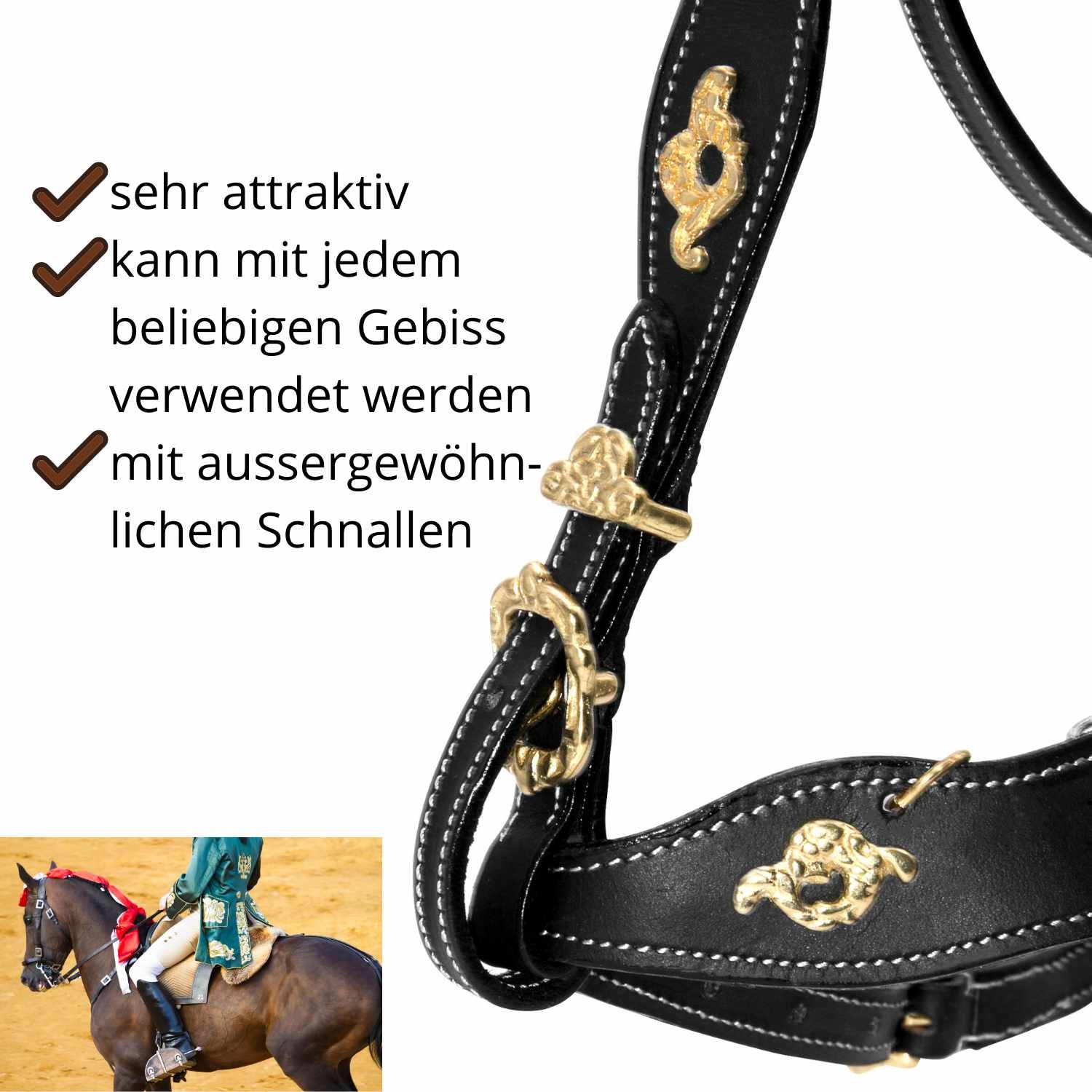Detailansicht einer schwarzen Trense mit goldenen Schnallen. Text: 'sehr attraktiv', 'kann mit jedem beliebigen Gebiss verwendet werden', 'mit aussergewöhnlichen Schnallen'.