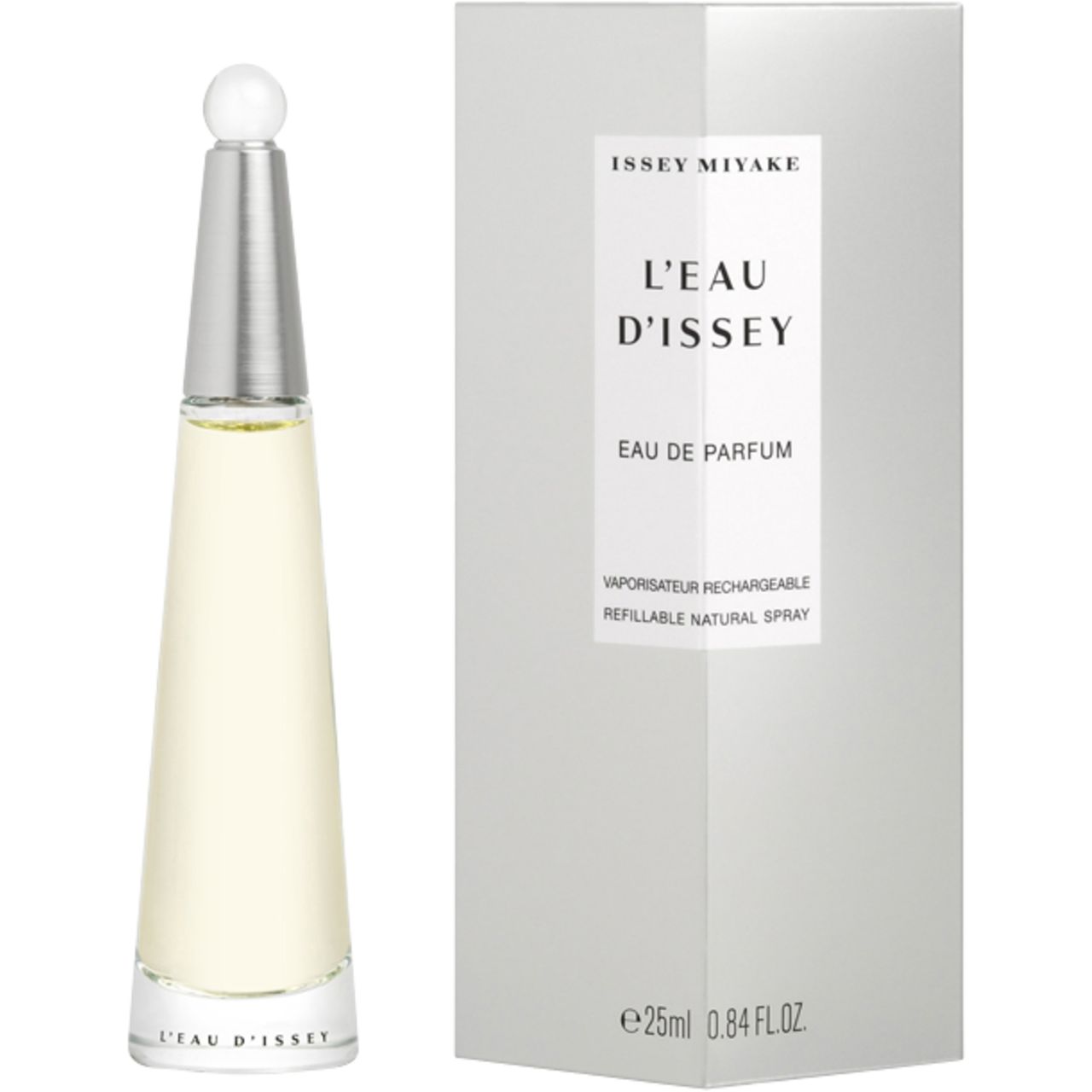 Parfümflakon neben weißer Verpackung. Flakon konisch, silberner Verschluss. Verpackung mit Produktnamen und Details.