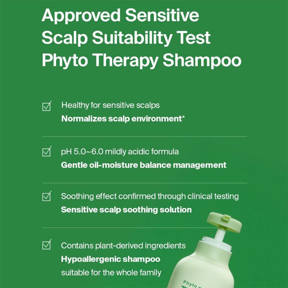 Textgrafik mit Checklistenpunkten über die Vorteile von Dr. FORHAIR Phyto Therapy Shampoo für empfindliche Kopfhaut.