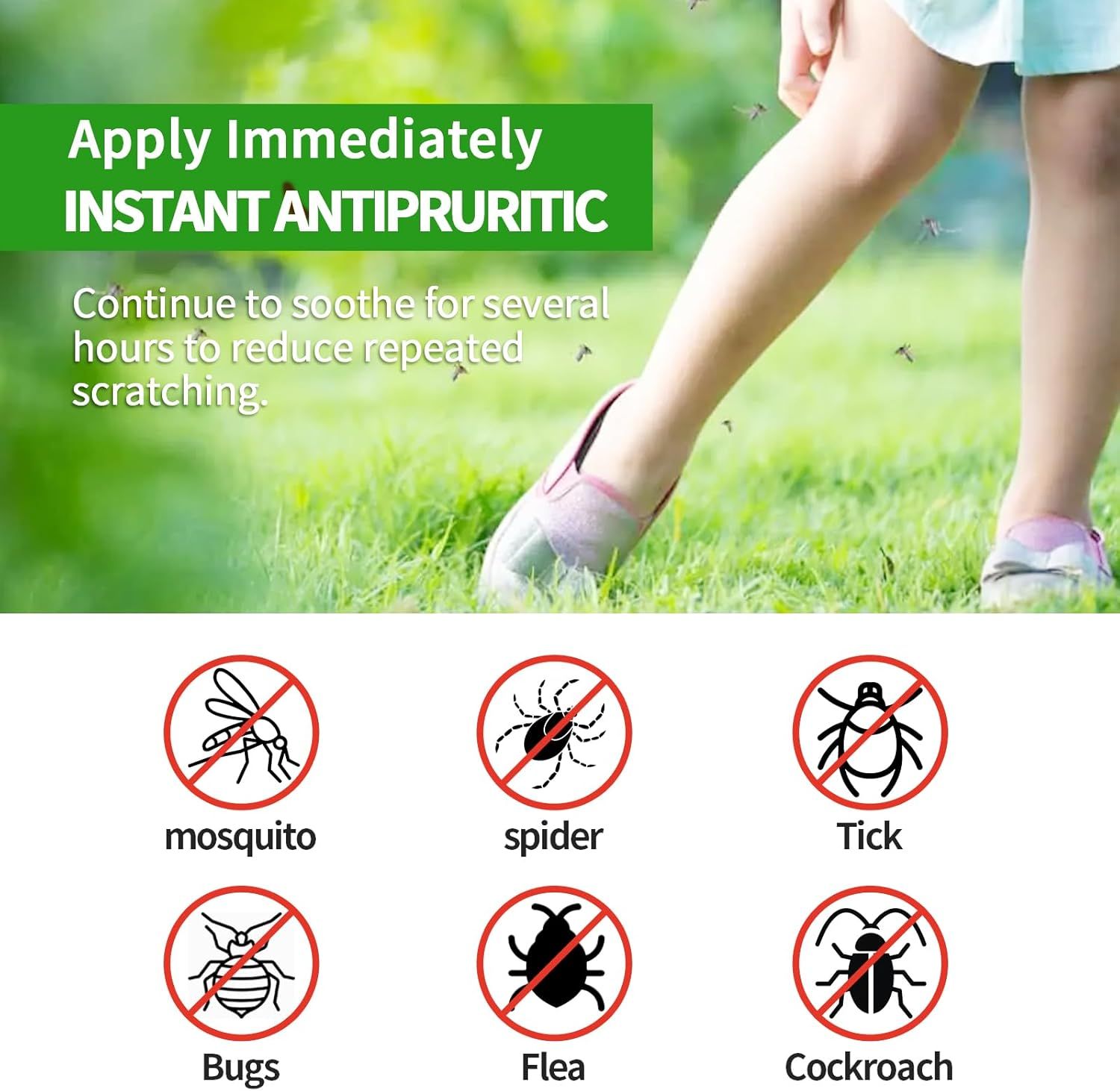 Kind mit Bein auf Gras. Illustrationen von Insekten mit durchgestrichenen Symbolen. Text: "Apply Immediately INSTANT ANTIPRURITIC".