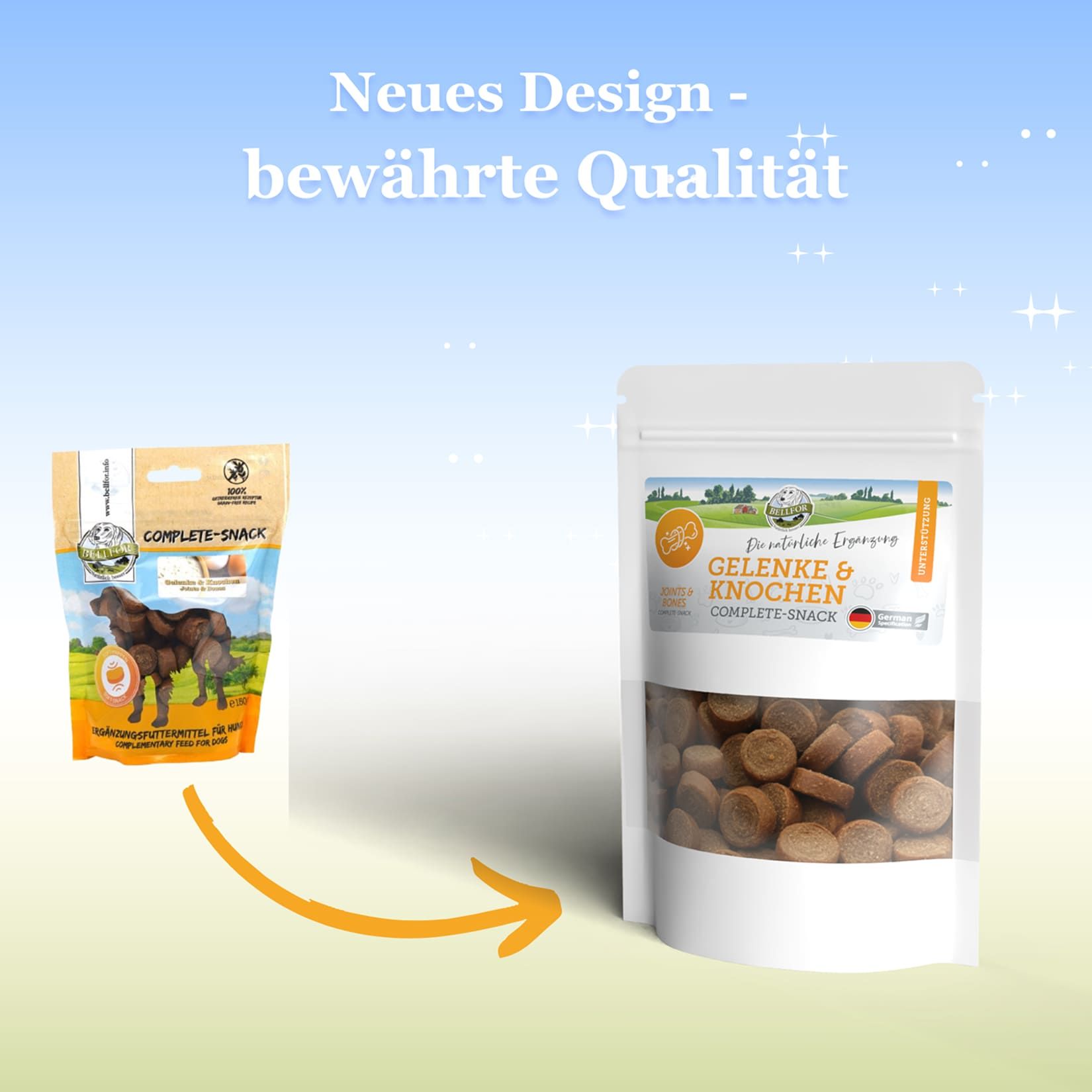 Vergleich von Snack-Packungen. Links: älteres Design. Rechts: neues Design. Runde, braune Snacks sichtbar. Text: Gelenke & Knochen.