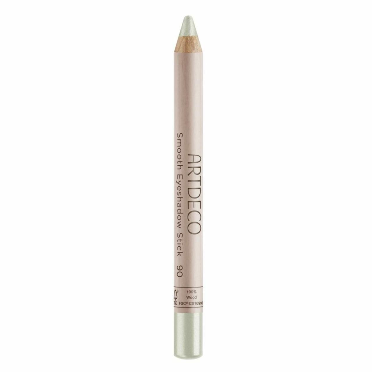 Artdeco Smooth Eyeshadow Stick 90. Hellgrüner Stift mit silberner Spitze. Aufschrift: 100% Wood, FSC-C012345.