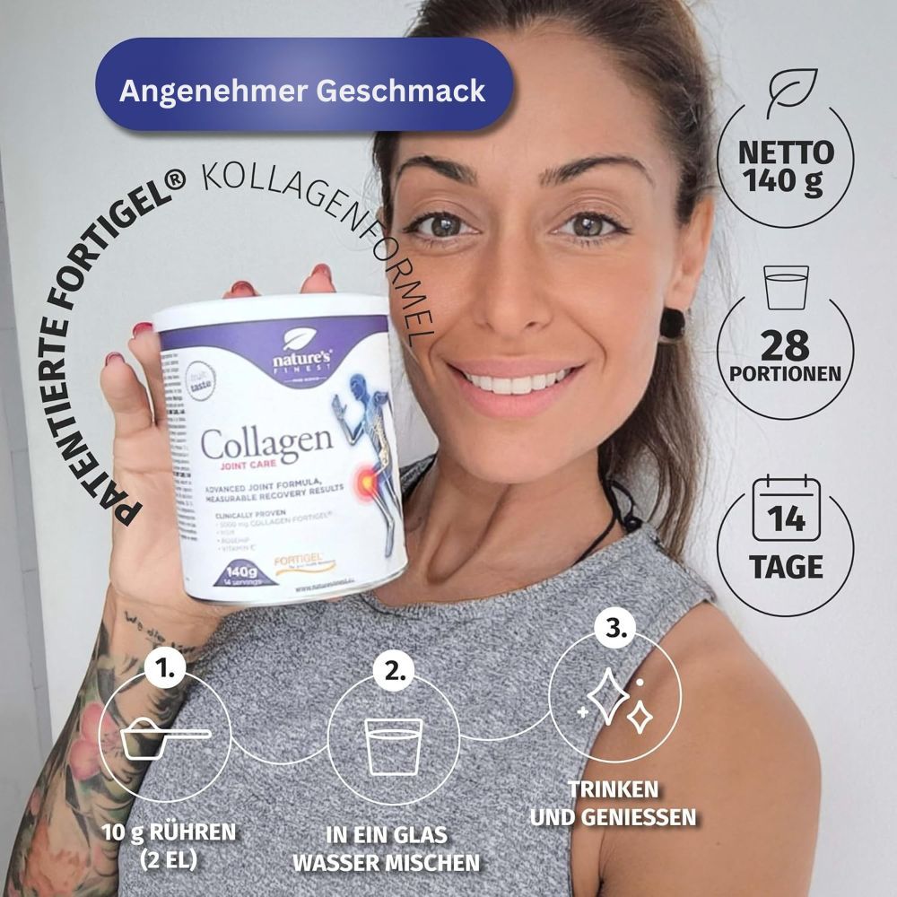 Frau hält Dose Nature's Finest Collagen JointCare. Text: 140g, 28 Portionen, 14 Tage. Anweisungen: Rühren, mischen, genießen.