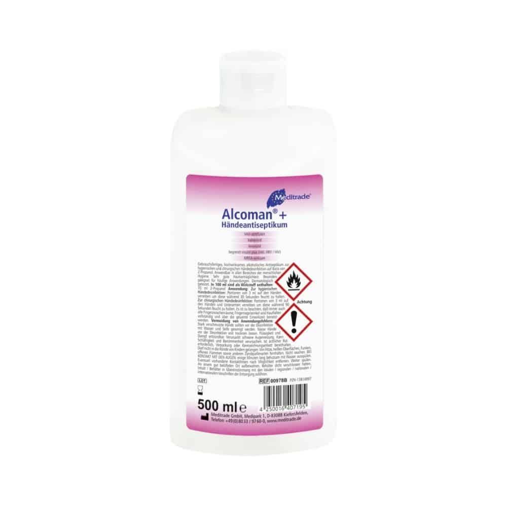 Meditrade Alcoman® plus Händedesinfektionsmittel in 500 ml Flasche mit Warnsymbolen.